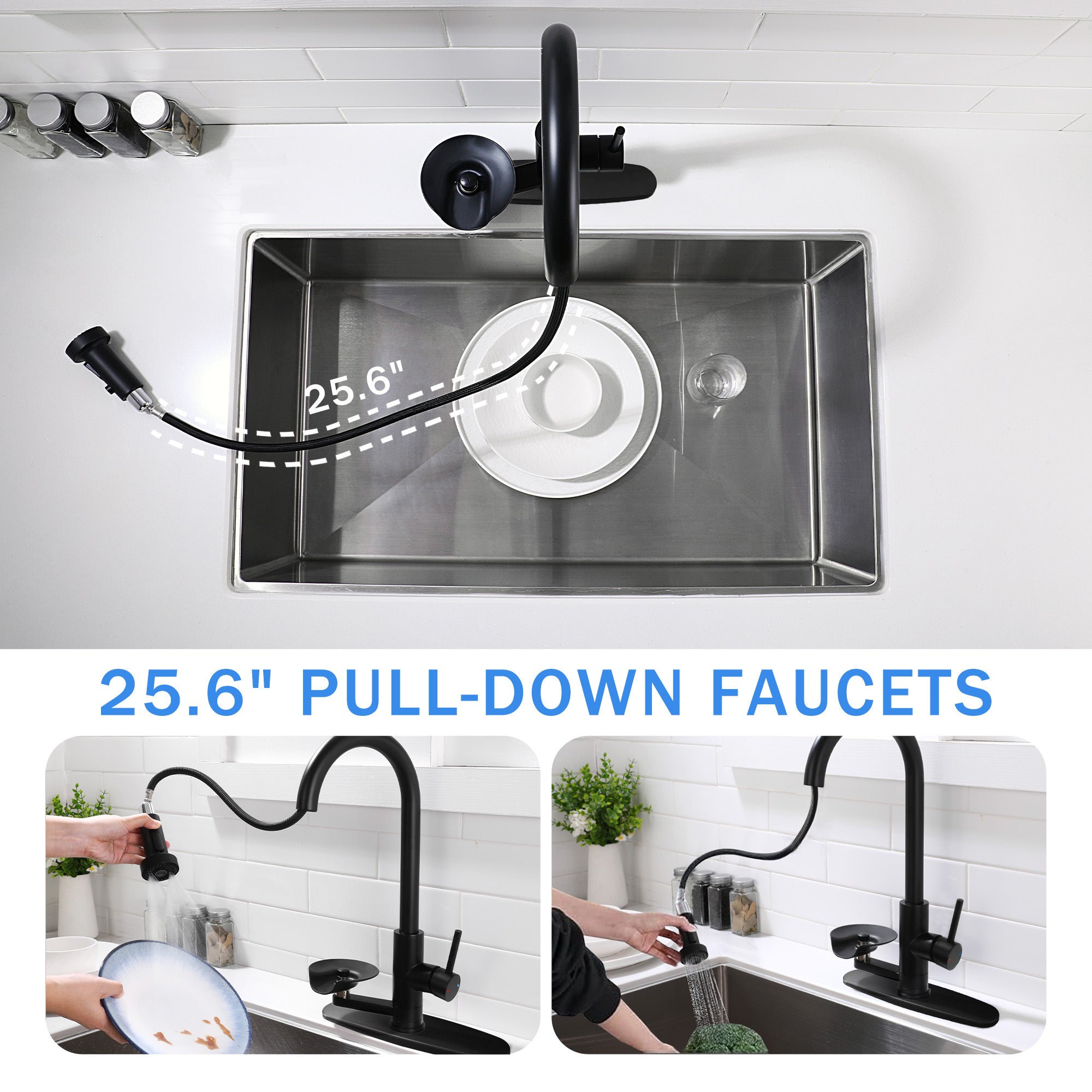 3-in-1 High-Arc Kitchen Faucet with Press-Type Glass Rinser, Pull-Down Sprayer, Matte Black Finish, Stainless Steel & ABS Construction, for Modern Sink