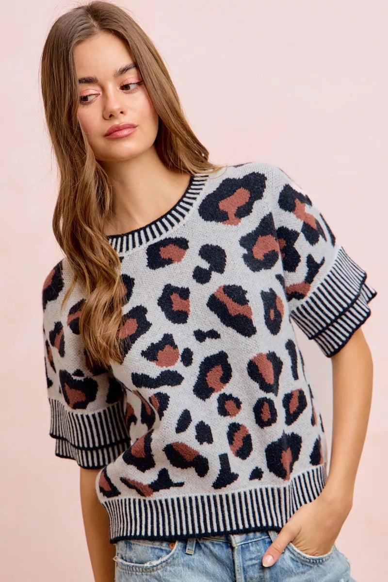 BiBi Two Tone Detail Leopard Knit Double Sleeves Top