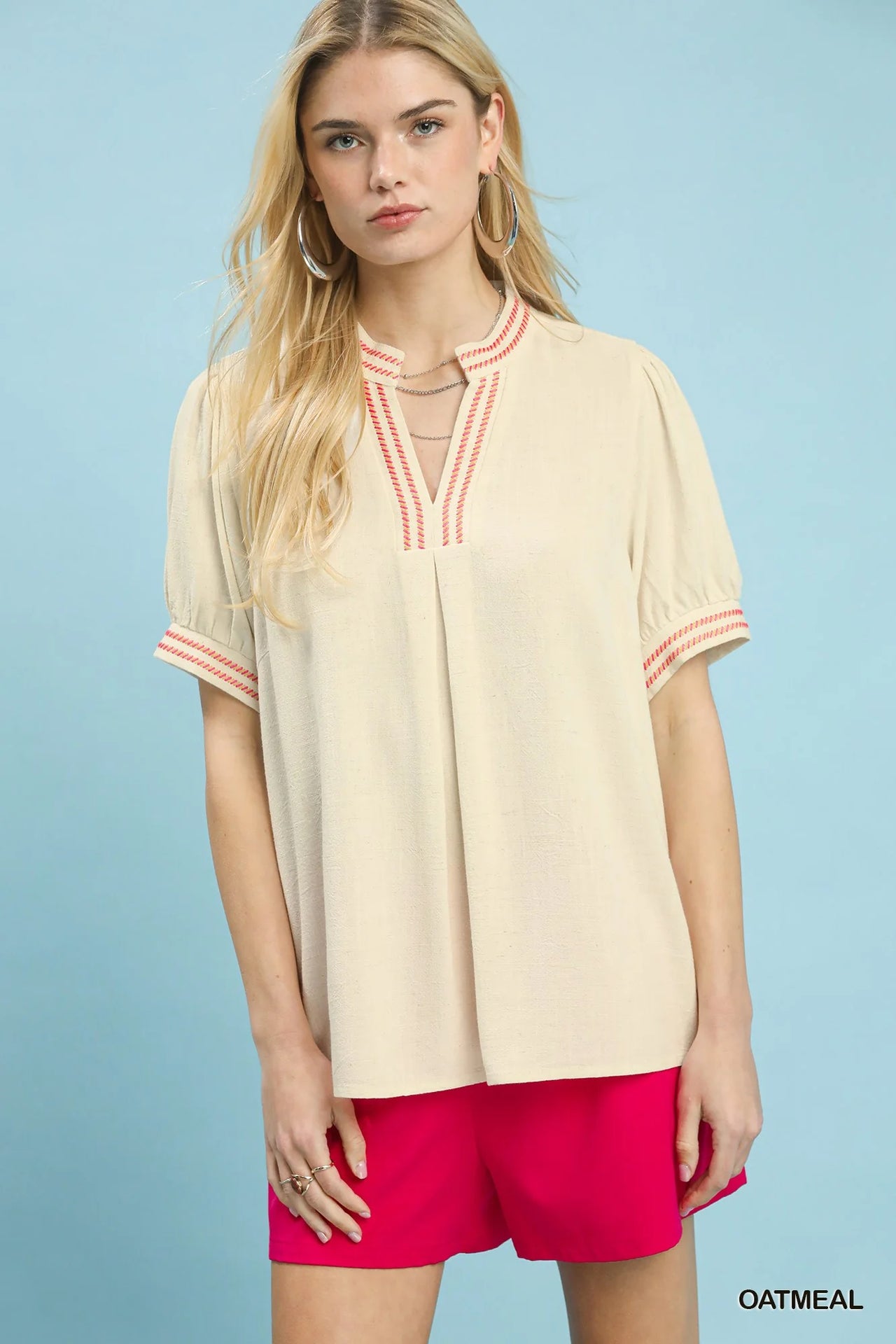 Umgee Embroidery Linen Puff Sleeve Blouse
