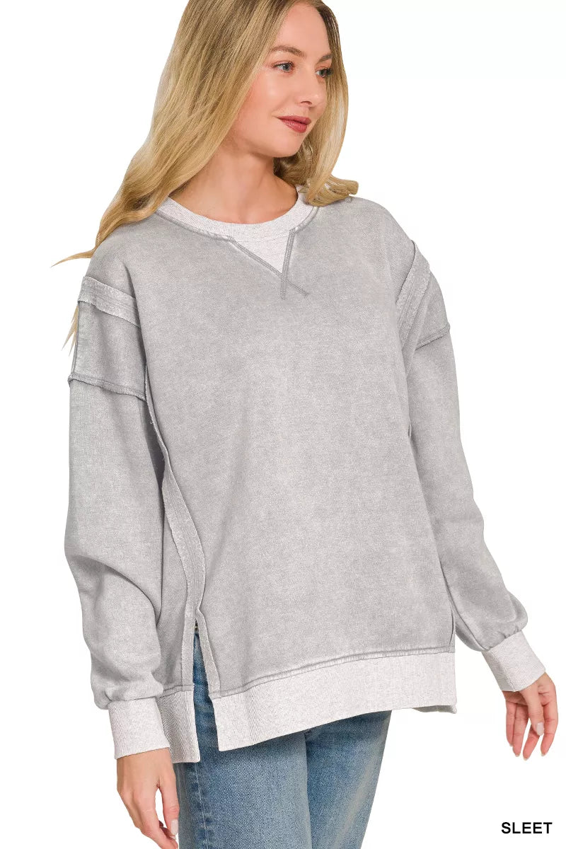 Zenana Fleece Acid Washed Contrast Trim Pullover