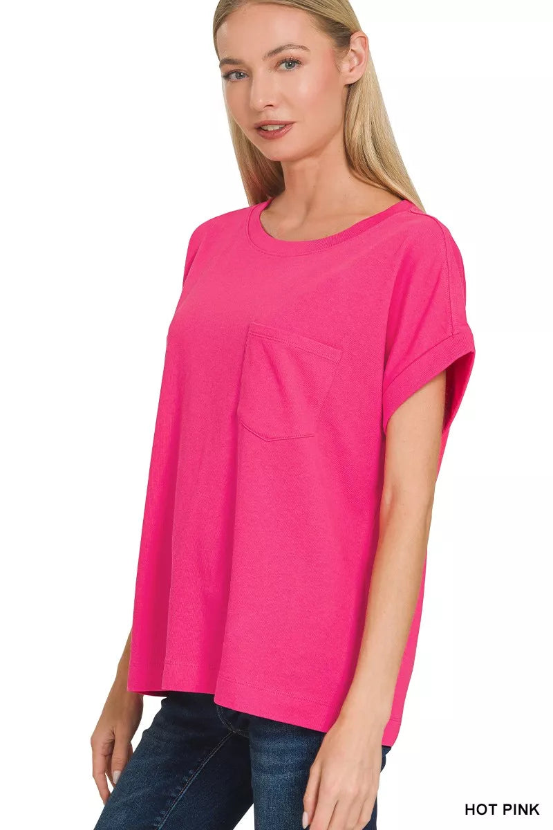 Zenana Cuffed Front Pocket Short Sleeve Tee