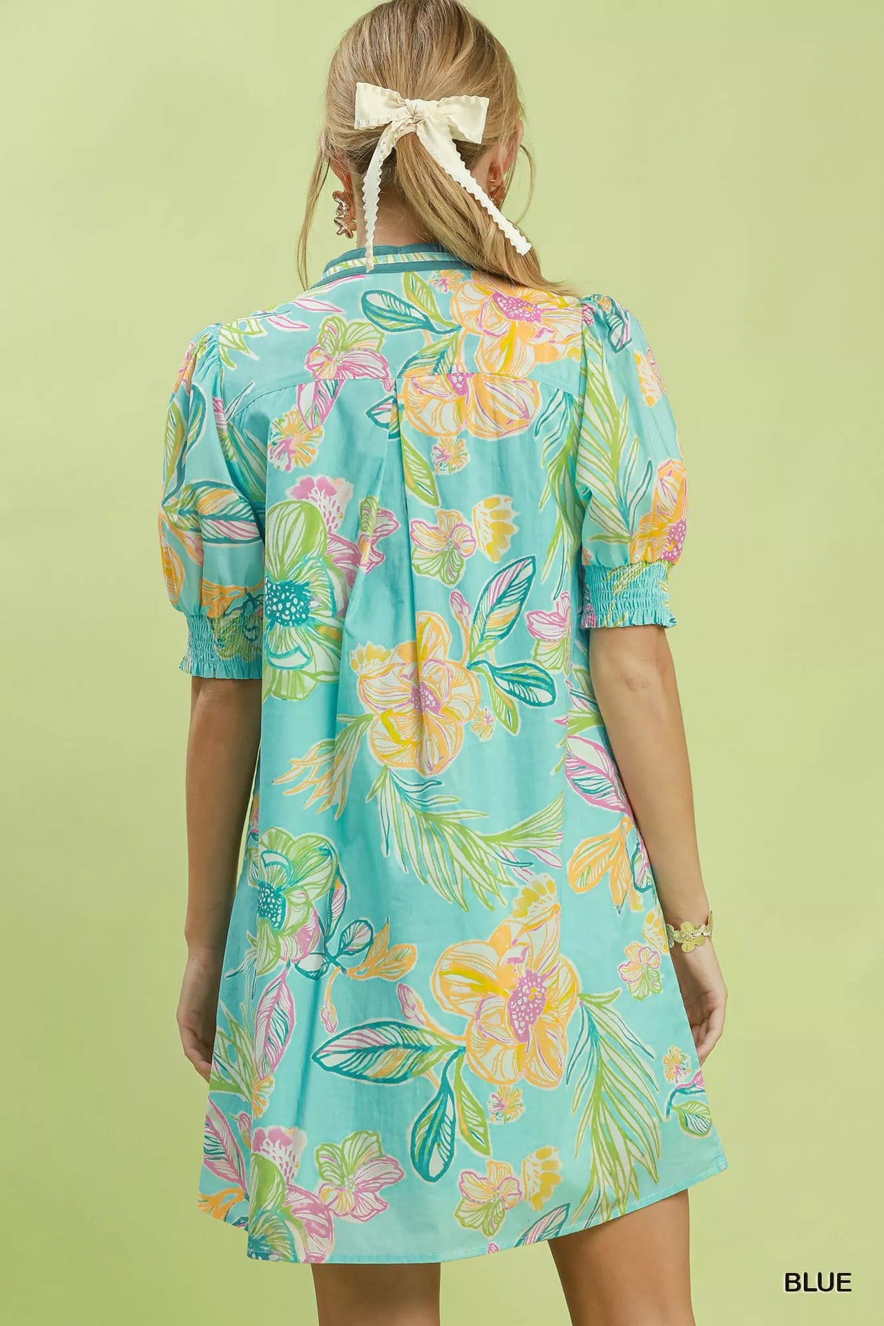 Umgee Botanical Print Dress with Smocked Cuffs