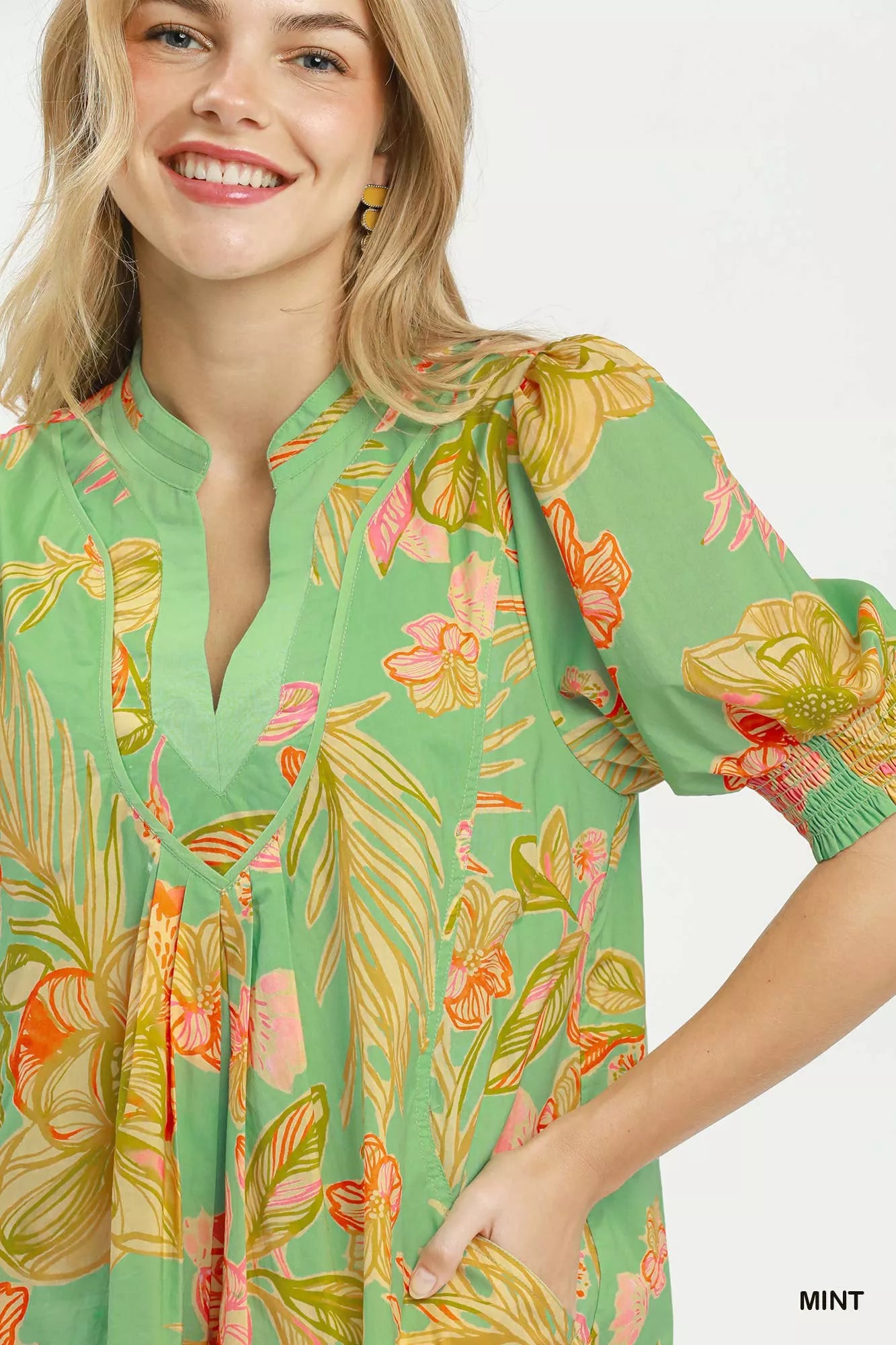 Umgee Botanical Print Dress with Smocked Cuffs