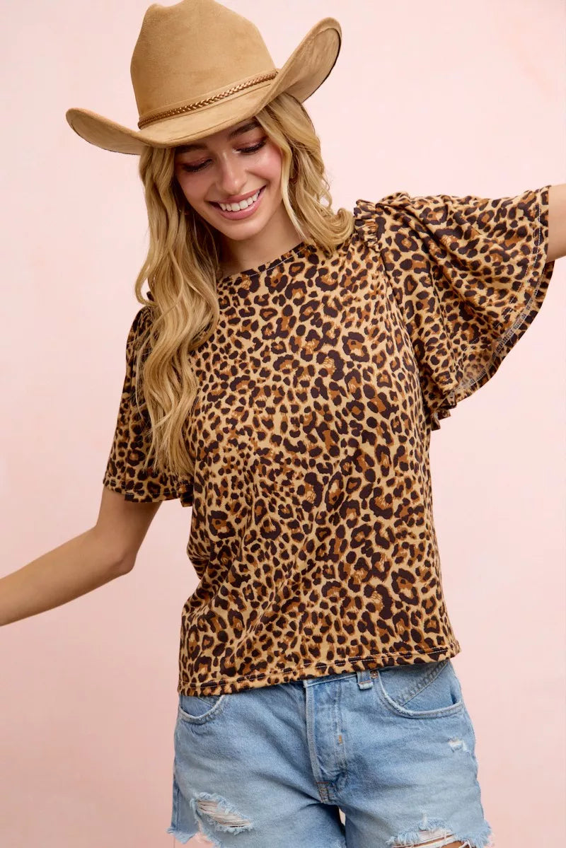 BiBi Leopard Printed Spandex Jersey Ruffle Sleeve Top
