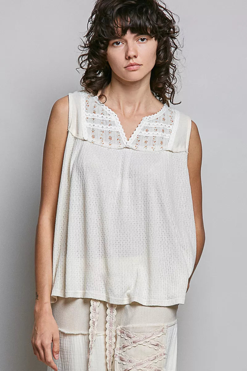 POL Lace Detail Floral Double Gauze Patch Sleeveless Top