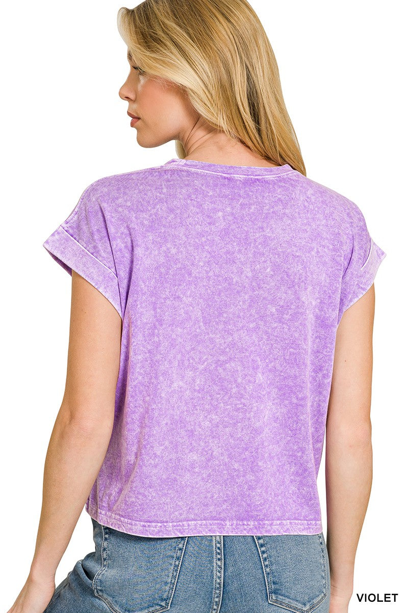 Zenana Halo Snow Washed Cotton Cuffed Short Sleeve Top