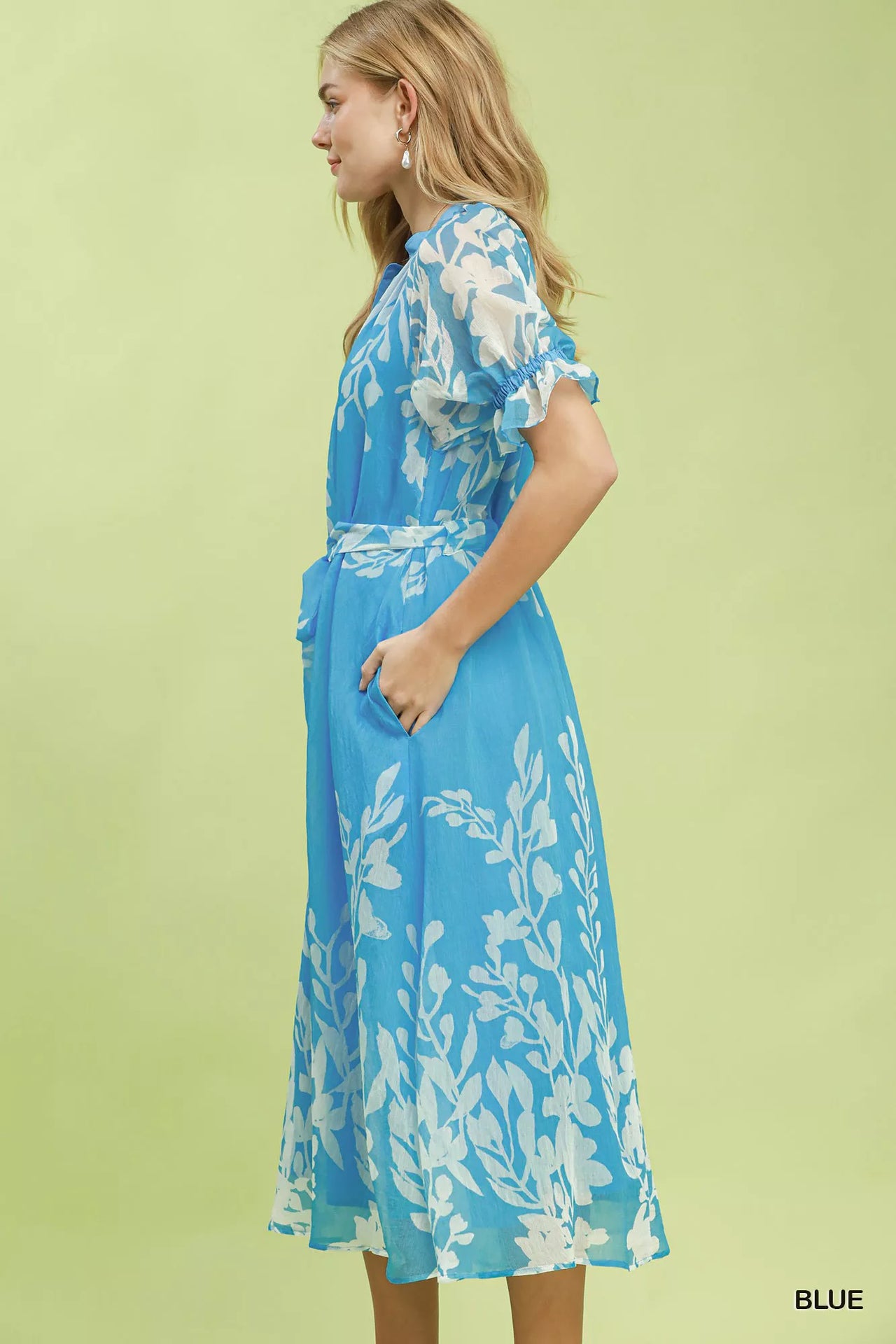 Umgee Floral Print Tie Waist Midi Dress with Side Pockets