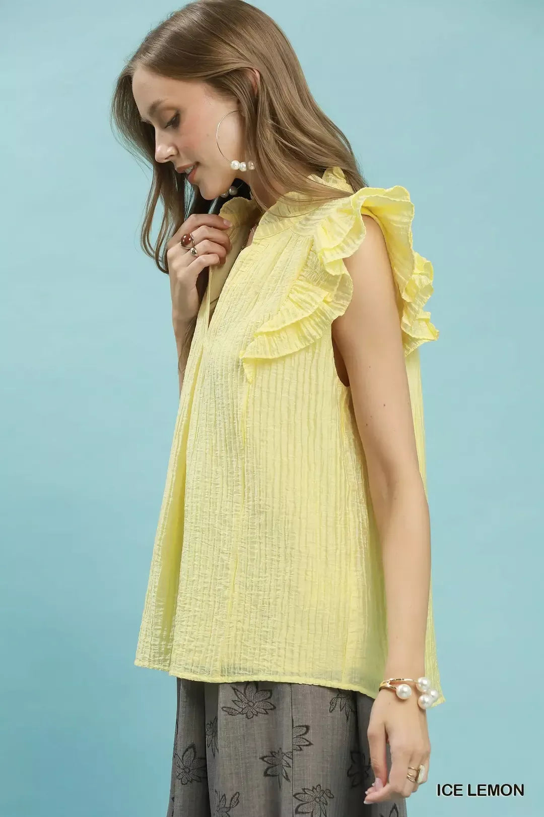 Umgee Textured Ruffle Sleeve Split V Neck Top