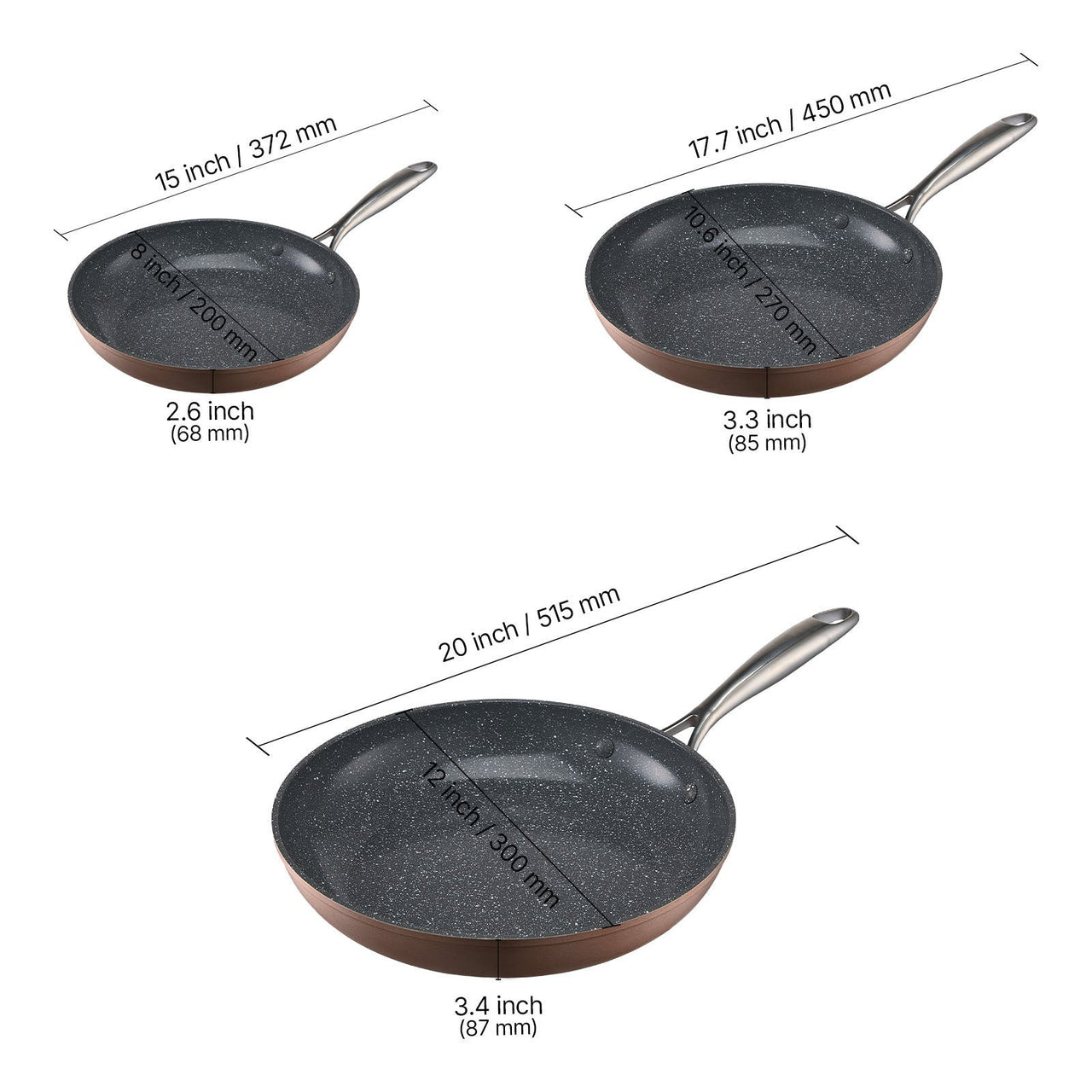 3 Piece Frying Pan Aluminum Skillet Set 8 10 12 in Handle Pre-Seasoned Grey