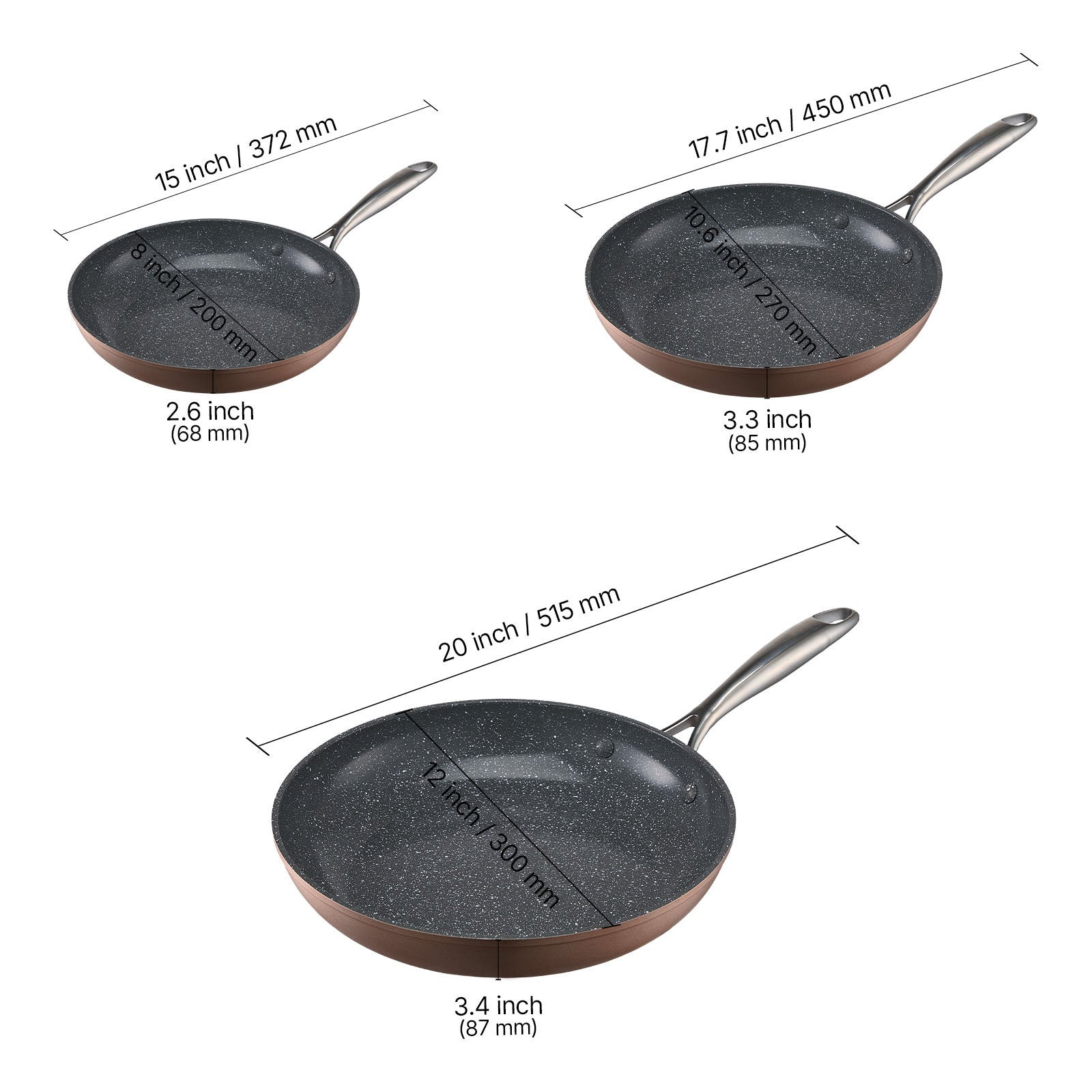 3 Piece Frying Pan Aluminum Skillet Set 8 10 12 in Handle Pre-Seasoned Grey