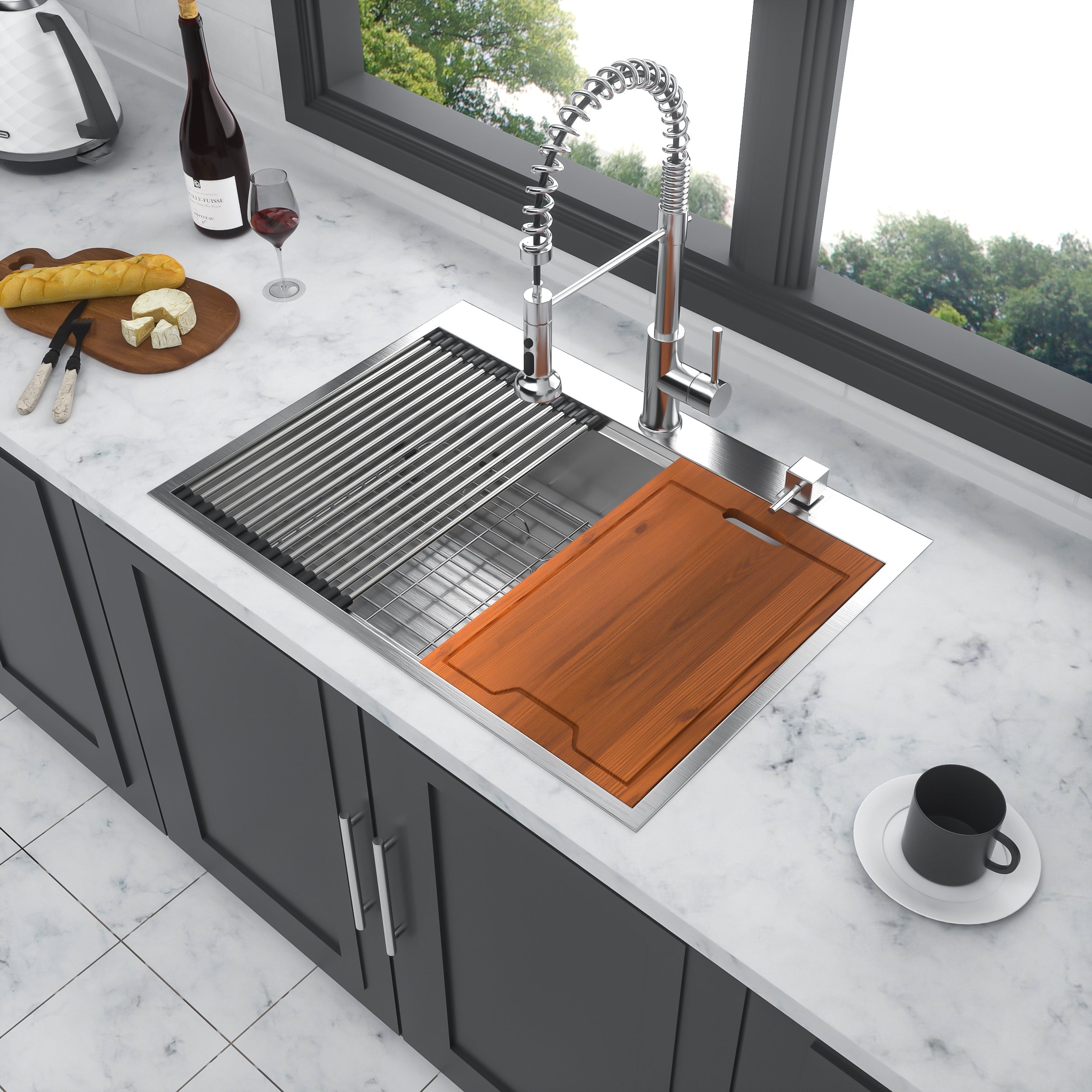 Brushed Nickel Stainless Steel Drop-in Kitchen Sink with Ledge Workstation, 33x22 Inch, 16 Gauge
