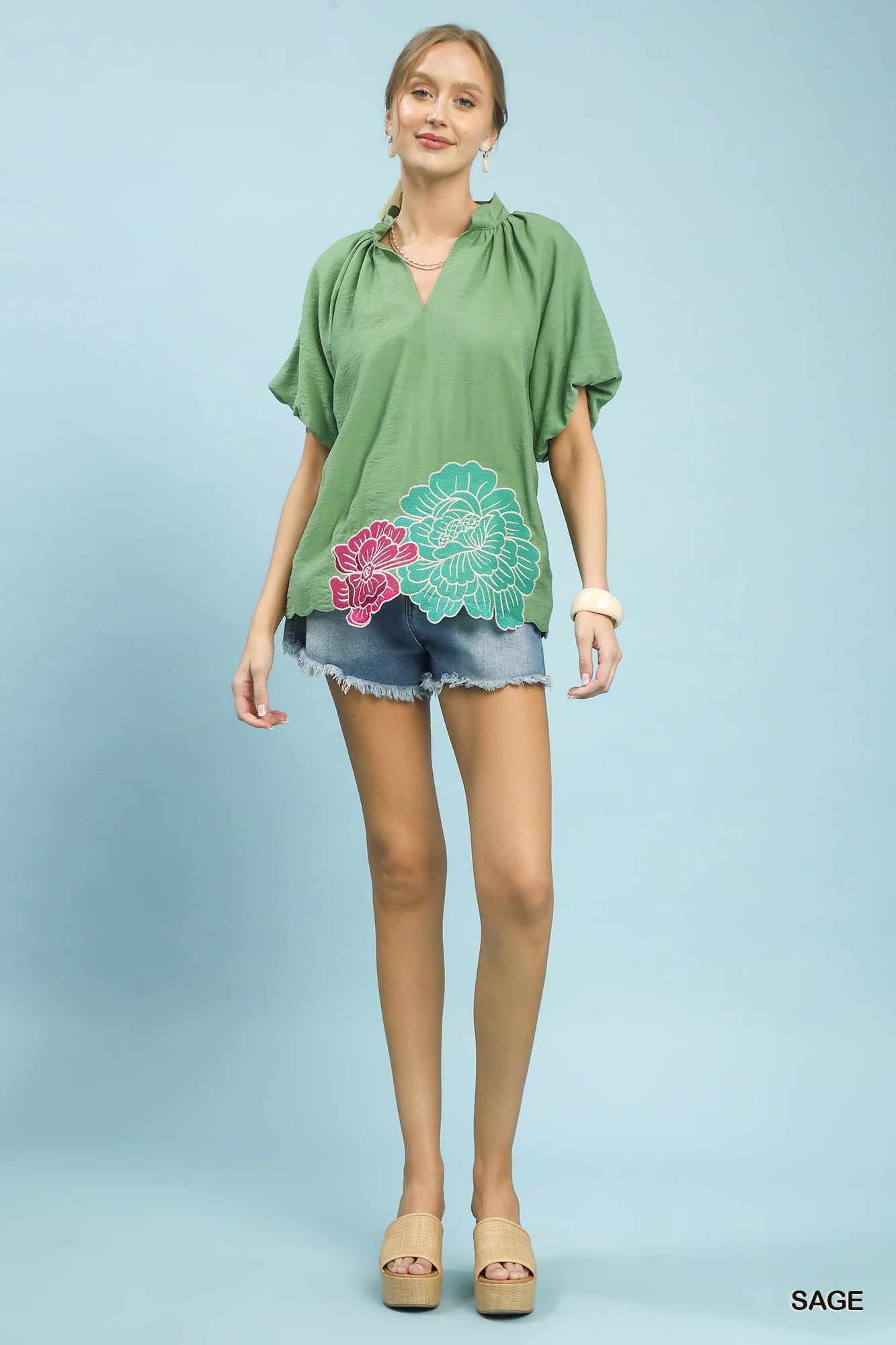 Umgee Floral Embroidered Hem Blouse