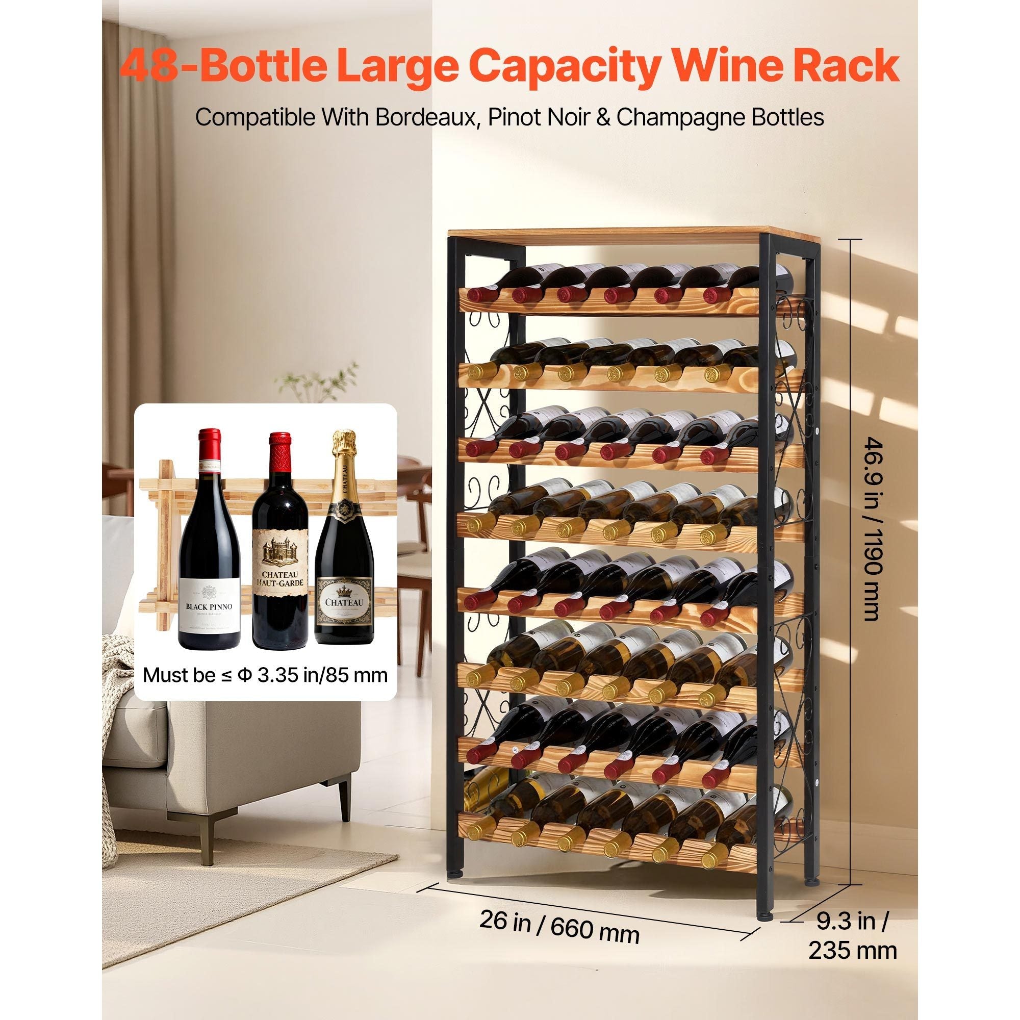 48 Bottle Wine Rack,8-Tier Wine Bottle Holder,Freestanding Floor Display Wine Storage Shelves with Wood Table Top,For Kitchen Pantry, Cellar, Bar, Dining Room, Living Room, Black