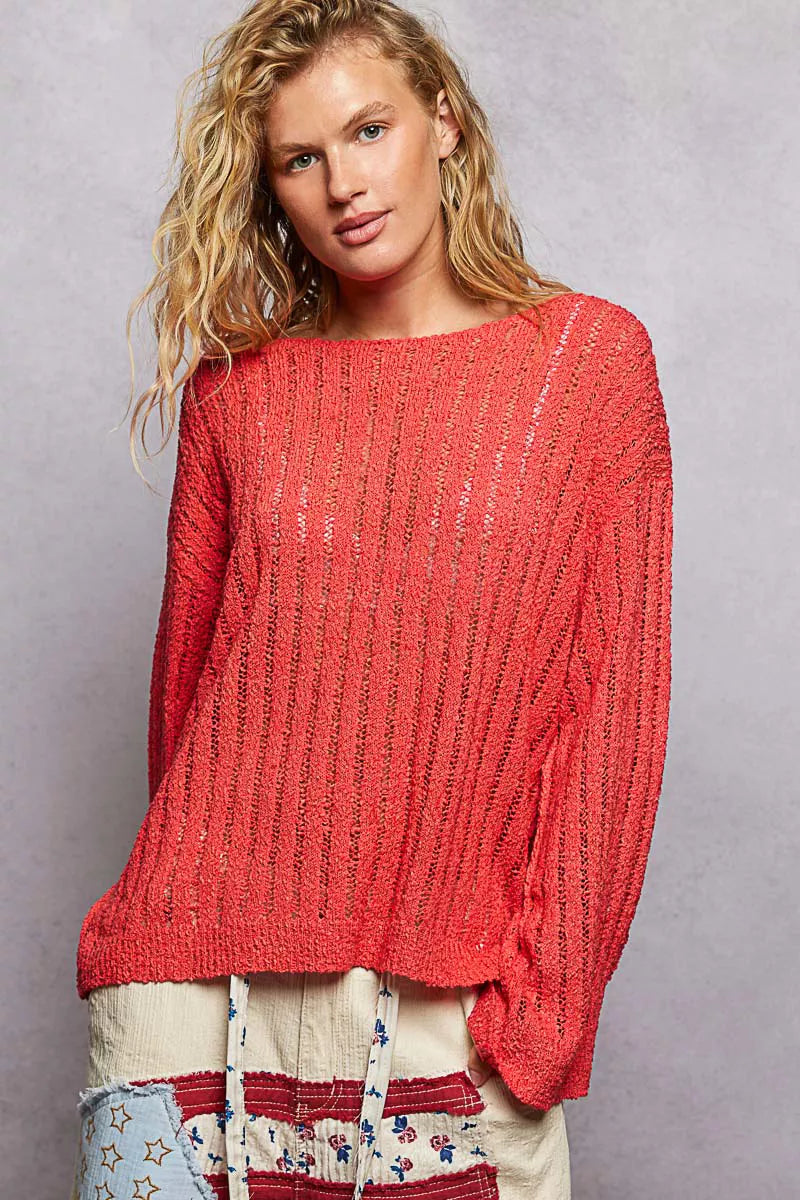 POL Round Neck Long Sleeve Open Weave Sweater