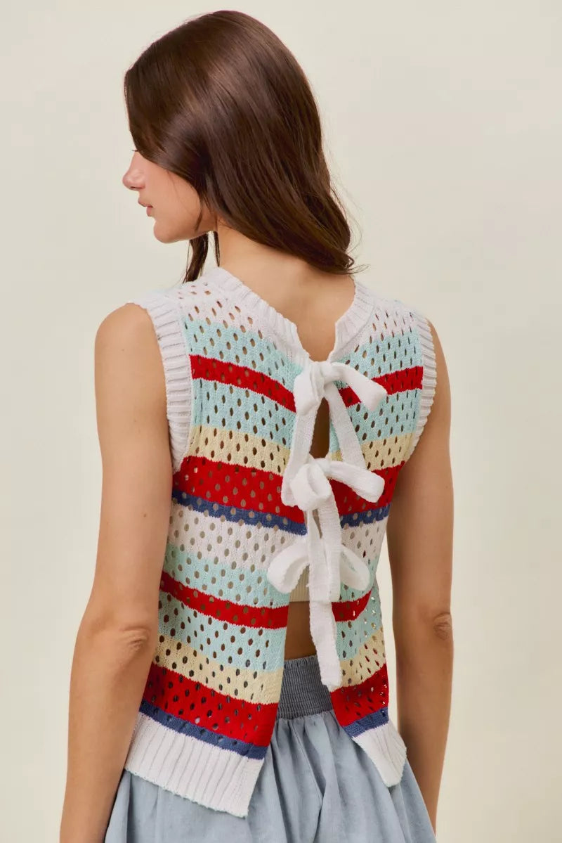 SO ME Tie Back Multi Stripe Sweater Knit Tank Top