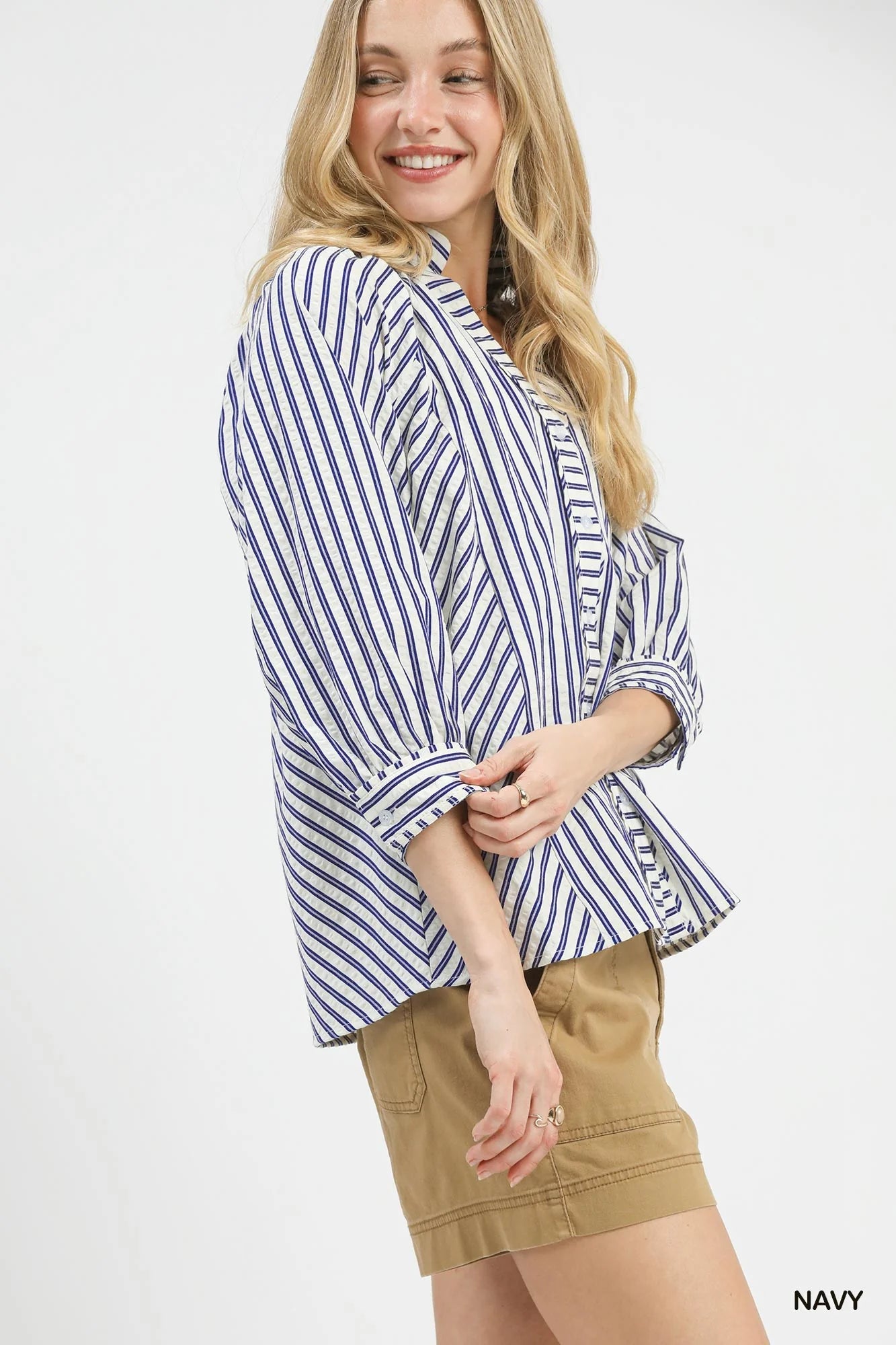 Umgee Striped V-Neck Button Down Top