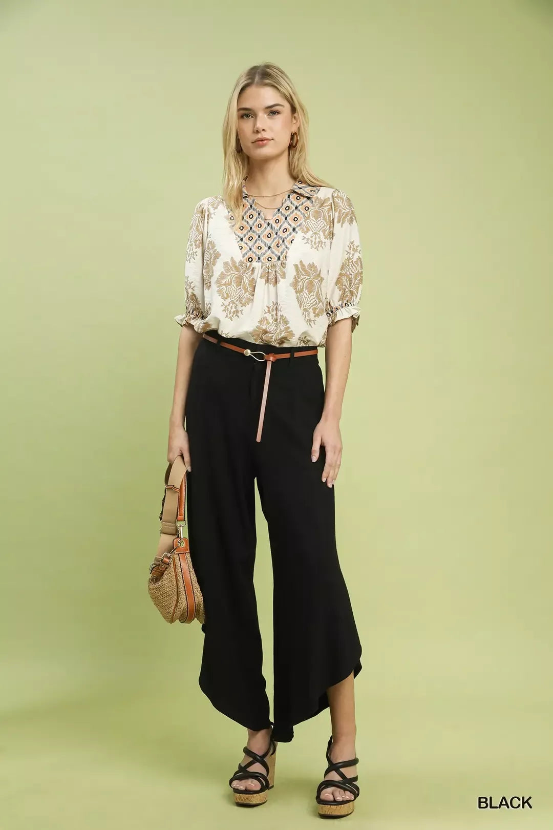 Umgee Flowy Asymmetrical Hem Wide Leg Pants