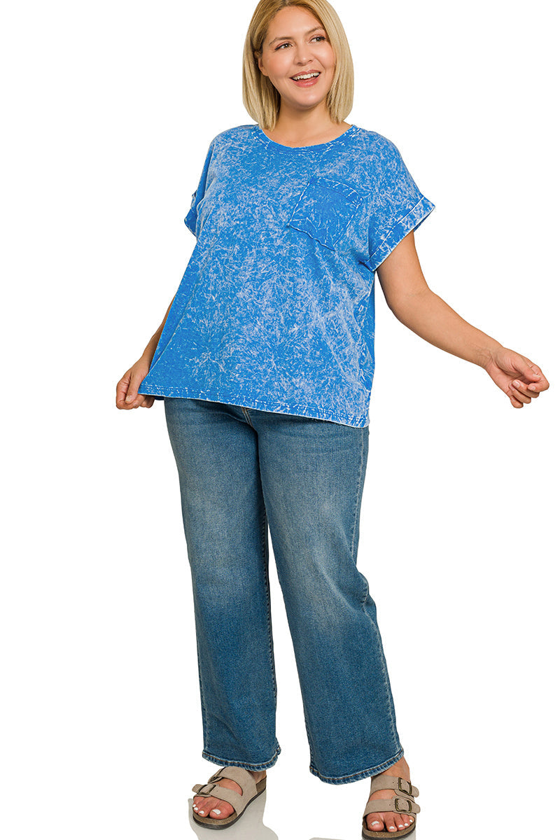 Zenana Full Size Crinkle Washed Round Neck Folded Short Sleeve Tee Plus Size