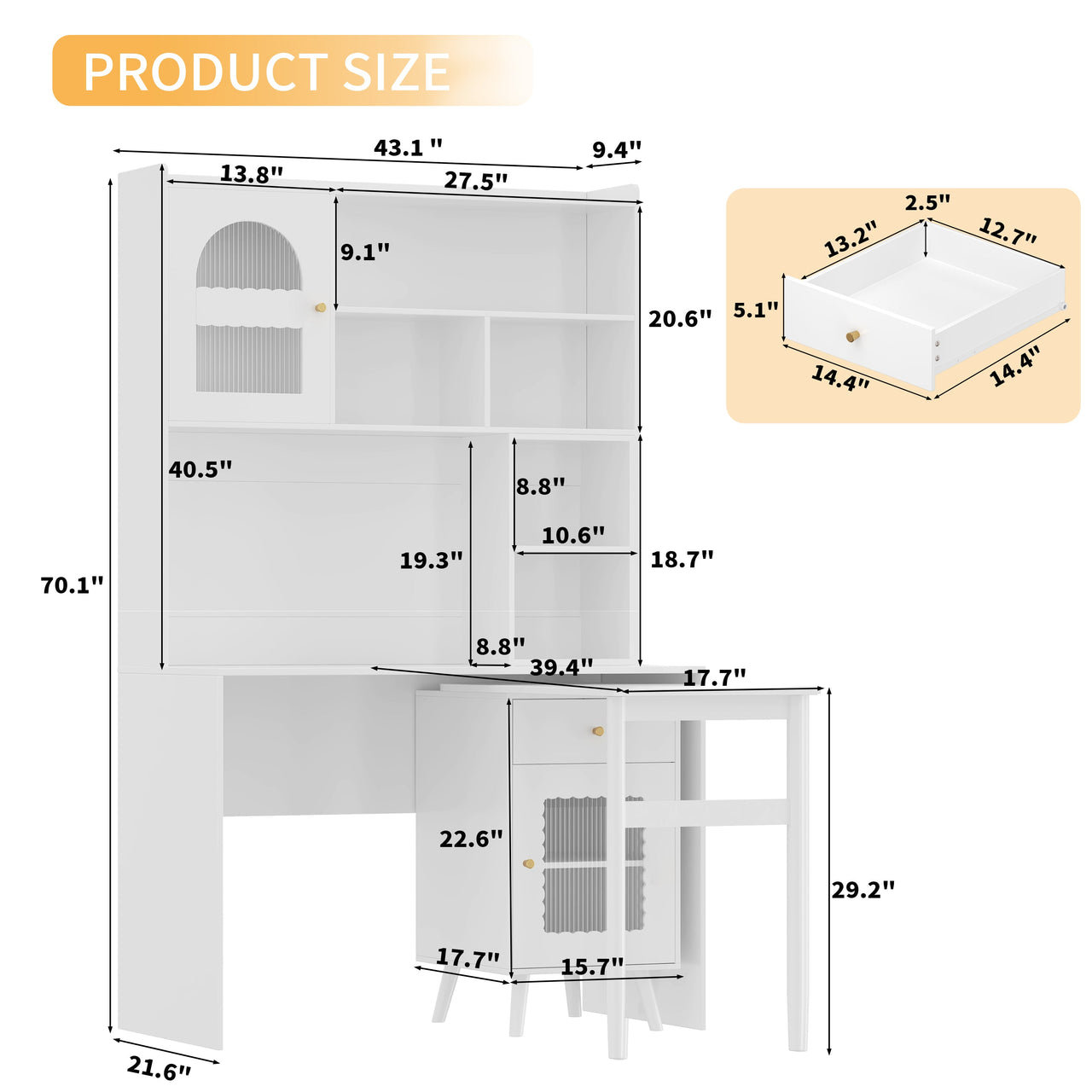 Computer Desk with 90 Degree Rotating Desktop, 43x70 Inch Office Desk with Storage Drawer and Cabinets, Gaming Desk with Shelves, Writing Desk for Study, Work Desk for Home (Old SKU:N733P279101K)