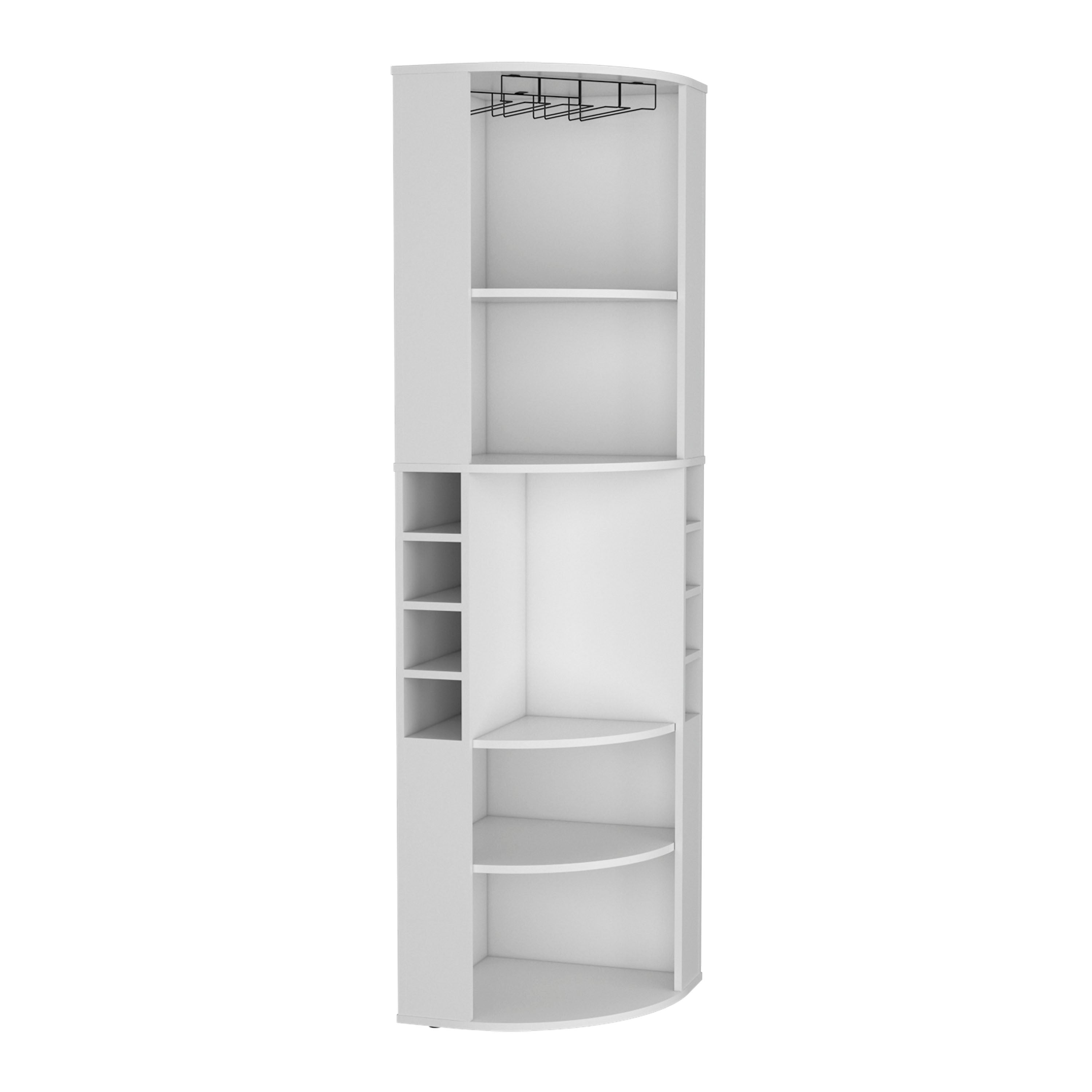 71' Corner Bar Cabinet with Five Shelves, Eight Bottle Cubbies and Stemware,White