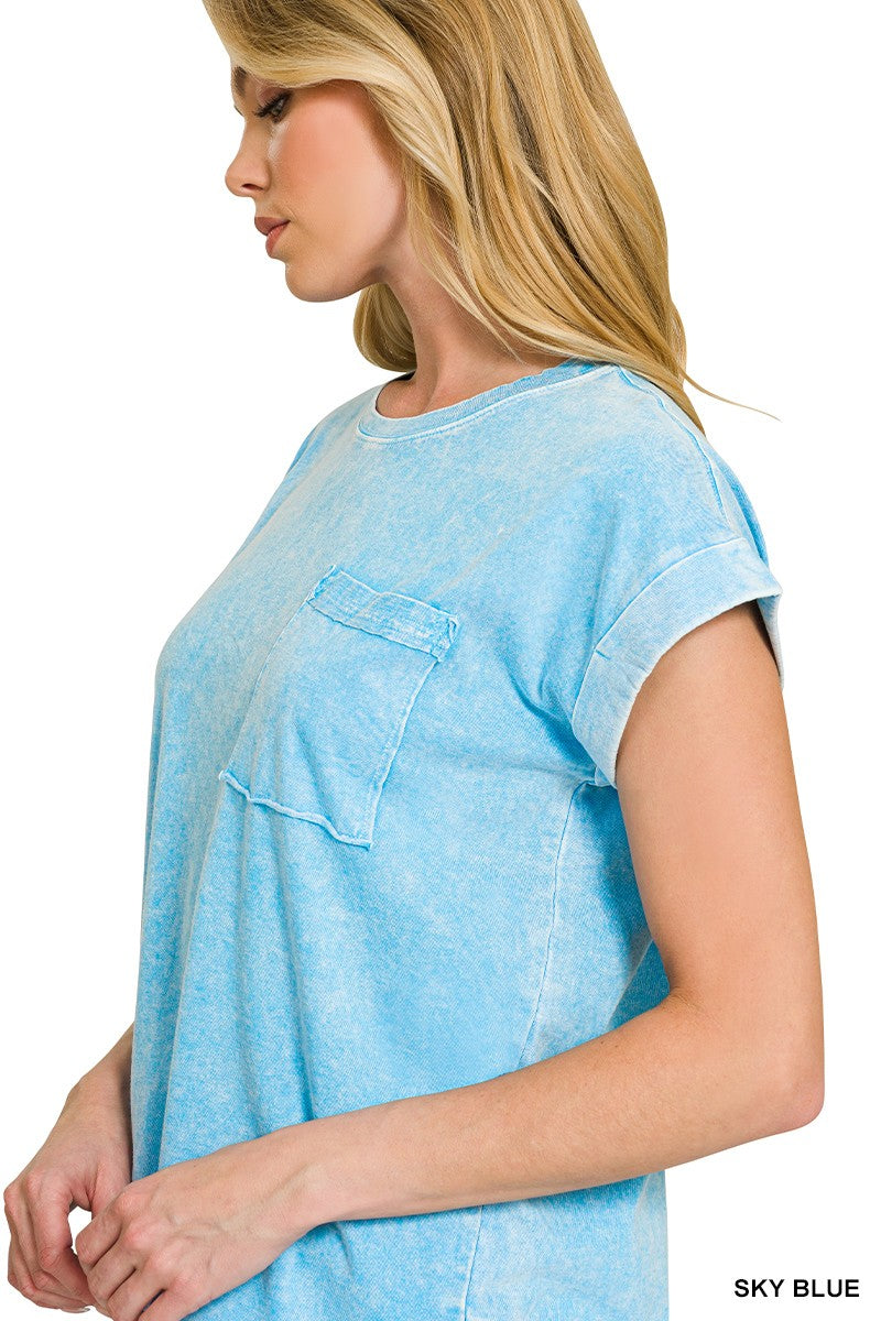 Zenana Halo Snow Washed Cuffed Short Sleeve Tee