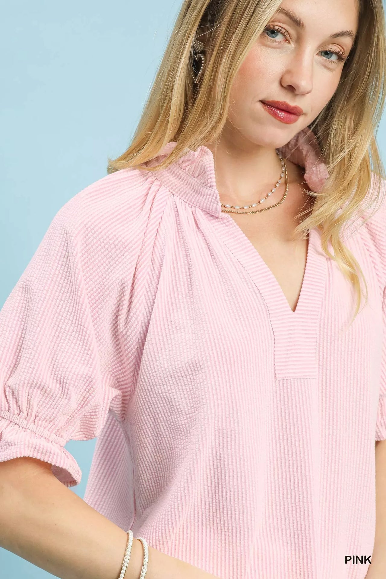 Umgee Textured Ruffle Sleeve V-Neck Top