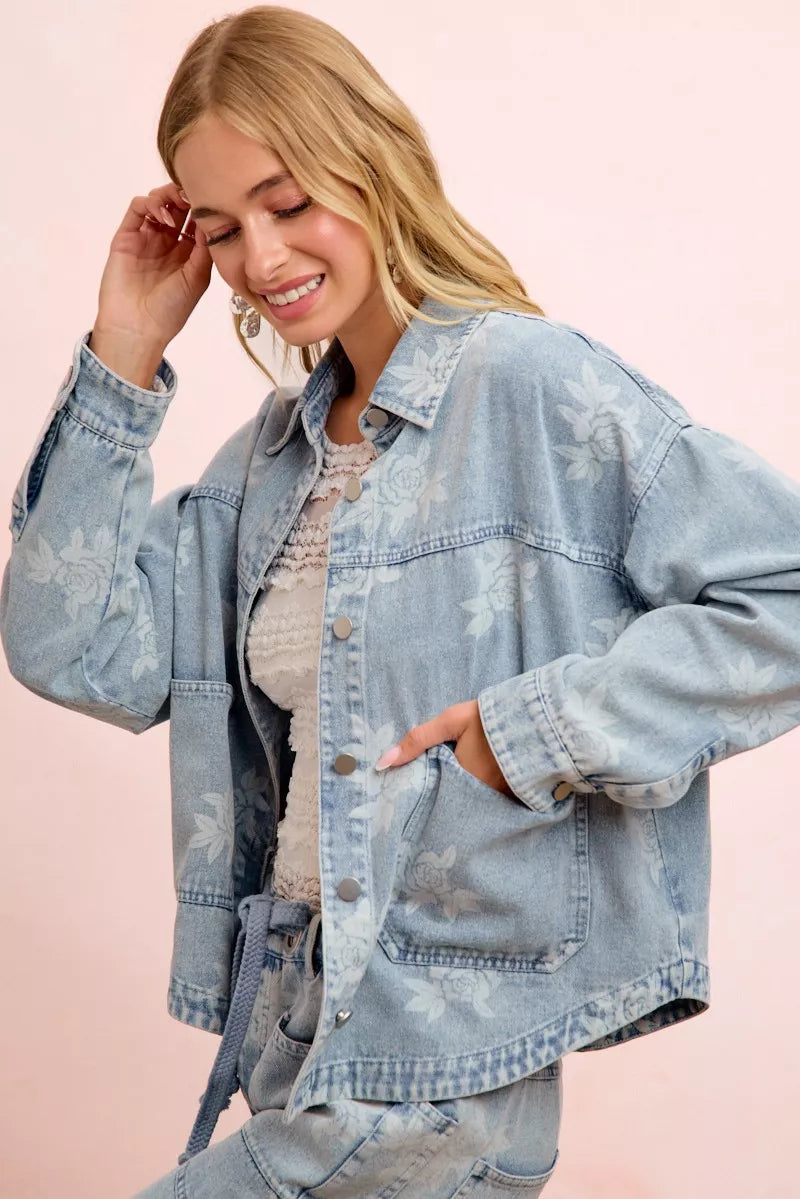 BiBi Printed Washed Denim Jacket With Pocket