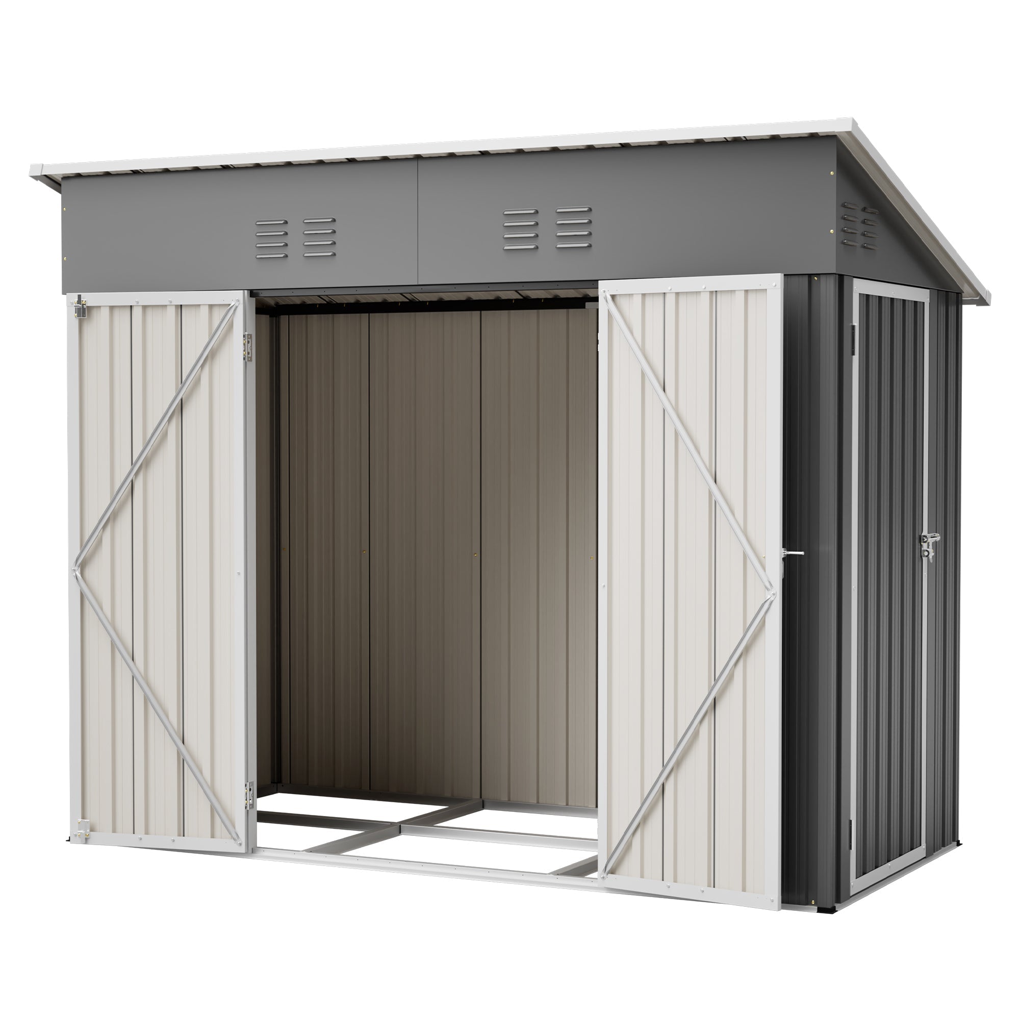 4x8 Slope-Roof Reinforced Storage Shed with Weatherproof Sloping Roof & 4 Air Vents, Heavy-Duty Sturdy Metal Frame, Left/Right Optional Door, Outdoor Tool Shed Warehouse for Garden Storage Pet House