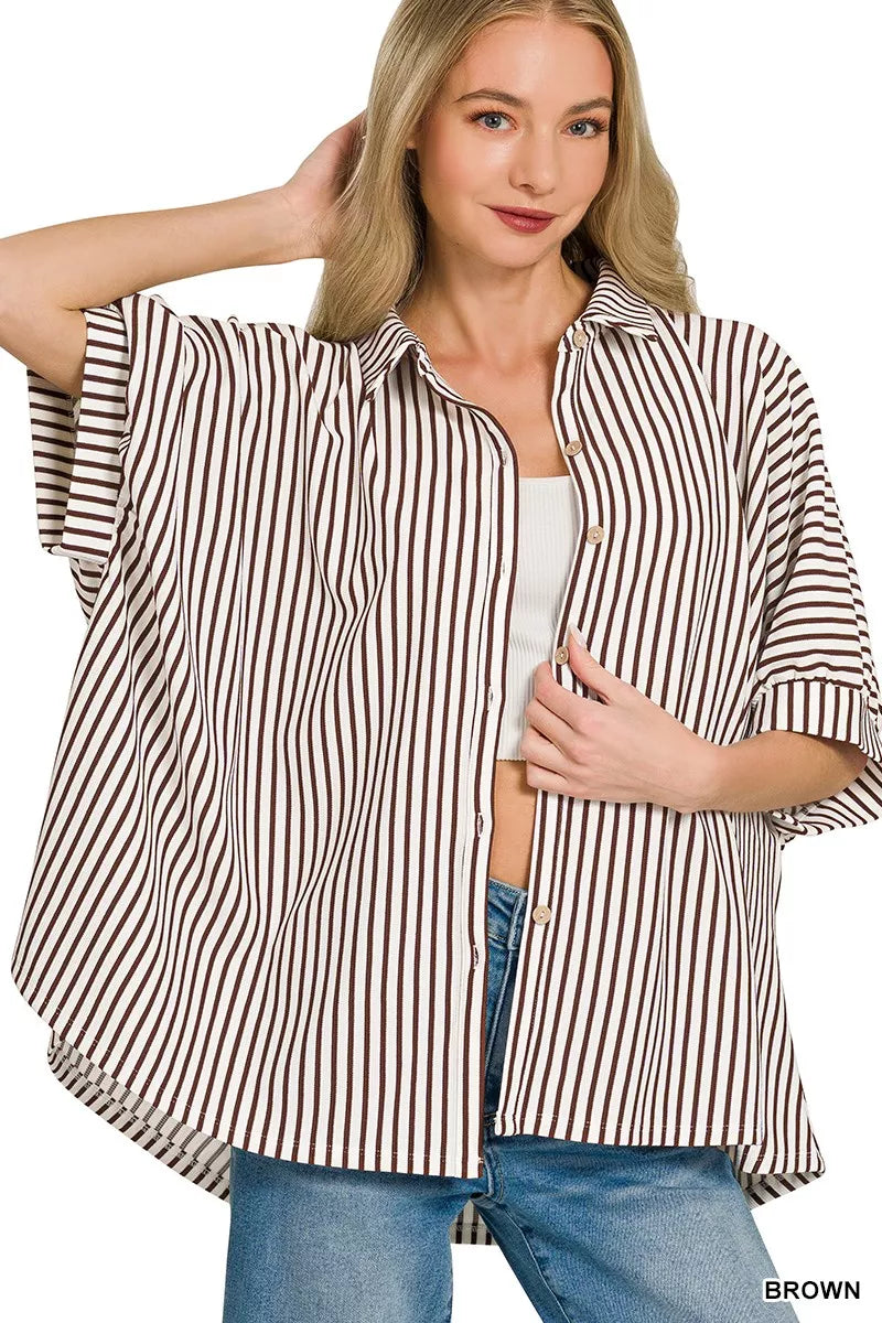 Zenana Oversized Stripe Button Down Shirt