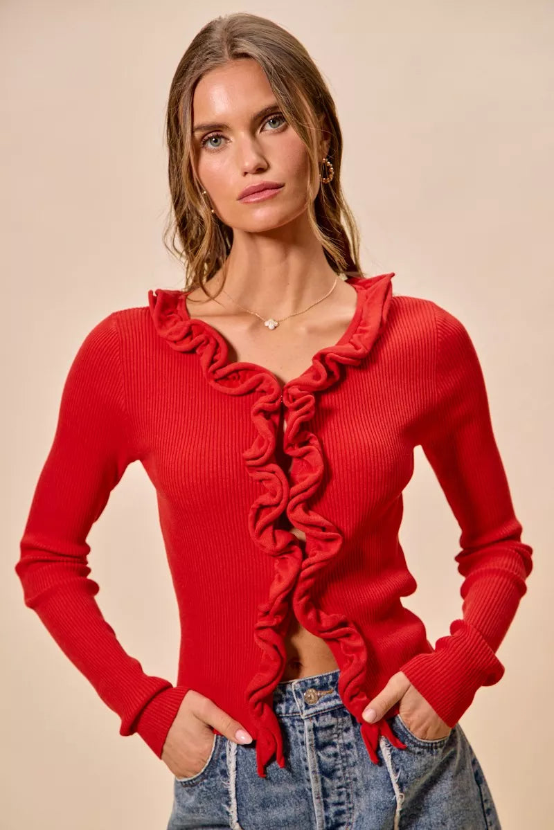 SO ME Cascade Ruffle Ribbed Sweater Cardgian