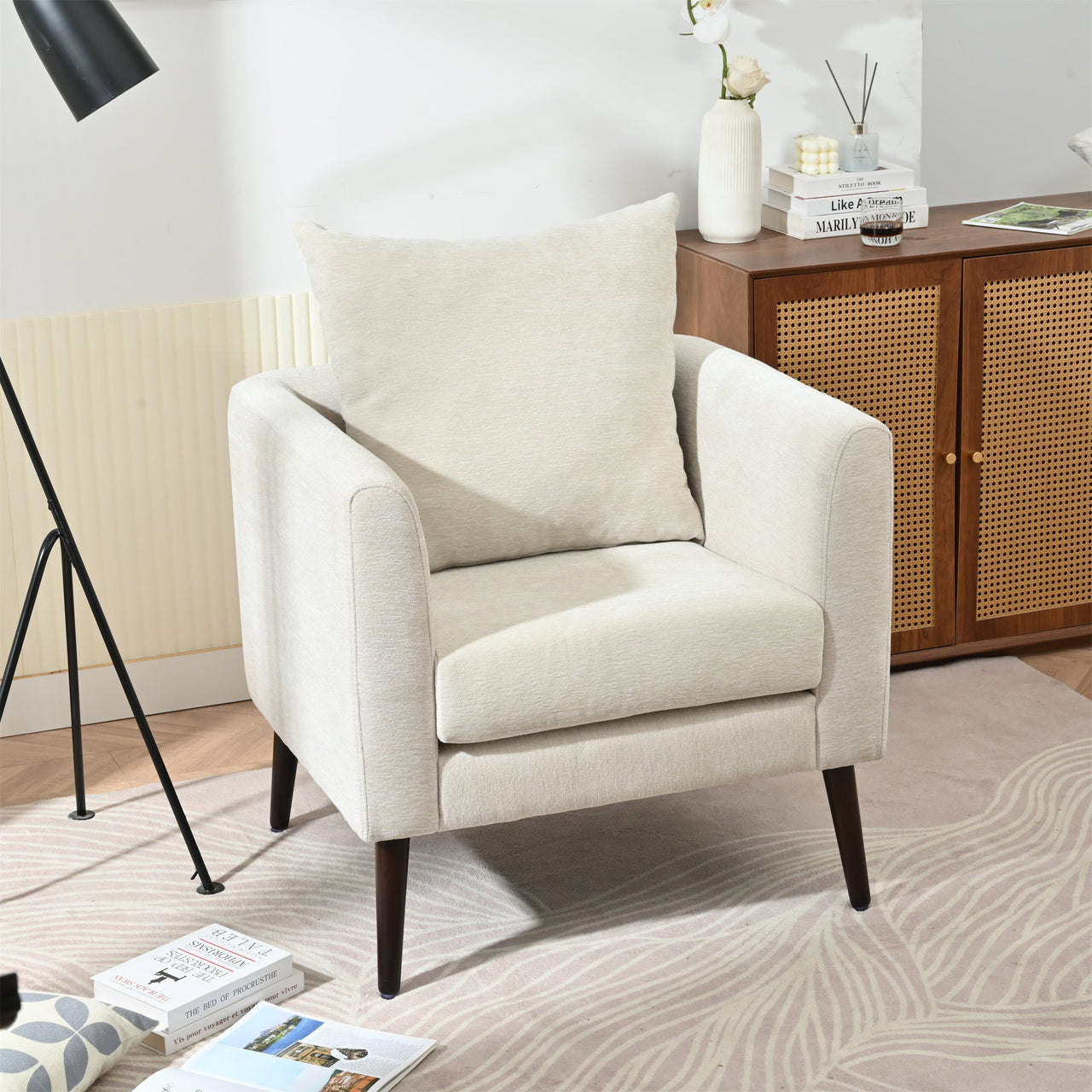 Modern Chenille Accent Chair, Upholstered Armchair for Living Room, Mid Century Fabric Lounge Chair w/Pillow, Comfortable Reading Chair with Wood Legs for Living Room, Bedroom, Reception Room (Beige)