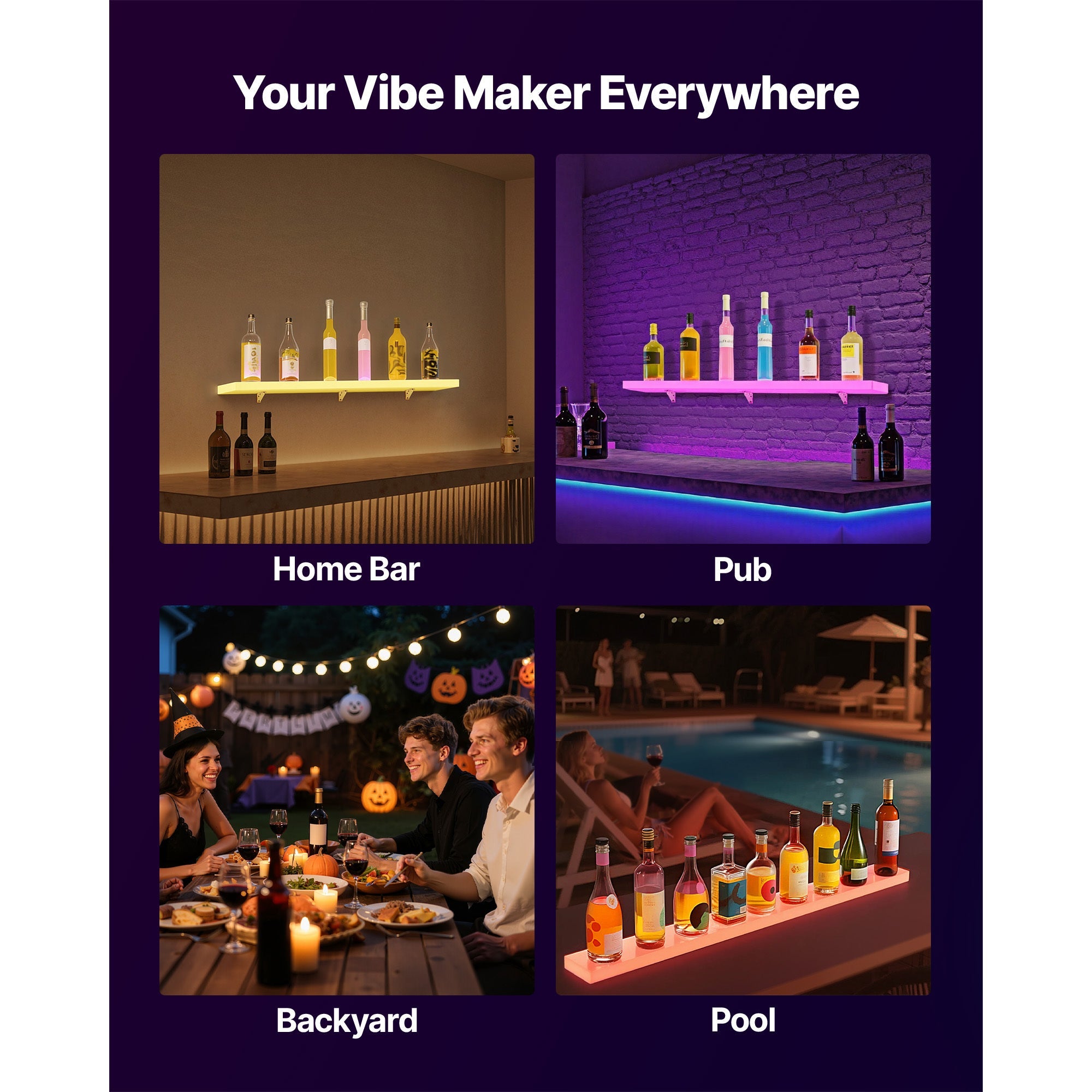 LED Lighted Liquor Bottle Display, 1-Tier 48 Inches Whiskey Rack, Supports USB, Illuminated Home Bar Shelf with RF Remote & App Control, 7 Static Colors, Acrylic Lighted Shelf for 12 Bottles