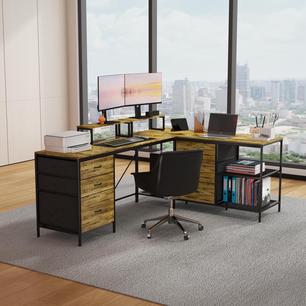 Industrial L-Shaped Computer Desk with Power Outlets & USB-C, Rustic Brown Metal Frame, 6 Fabric Drawers, 3 Open Shelves, Movable Monitor Stands, 114 Inch Corner Office Desk for Gaming and Work