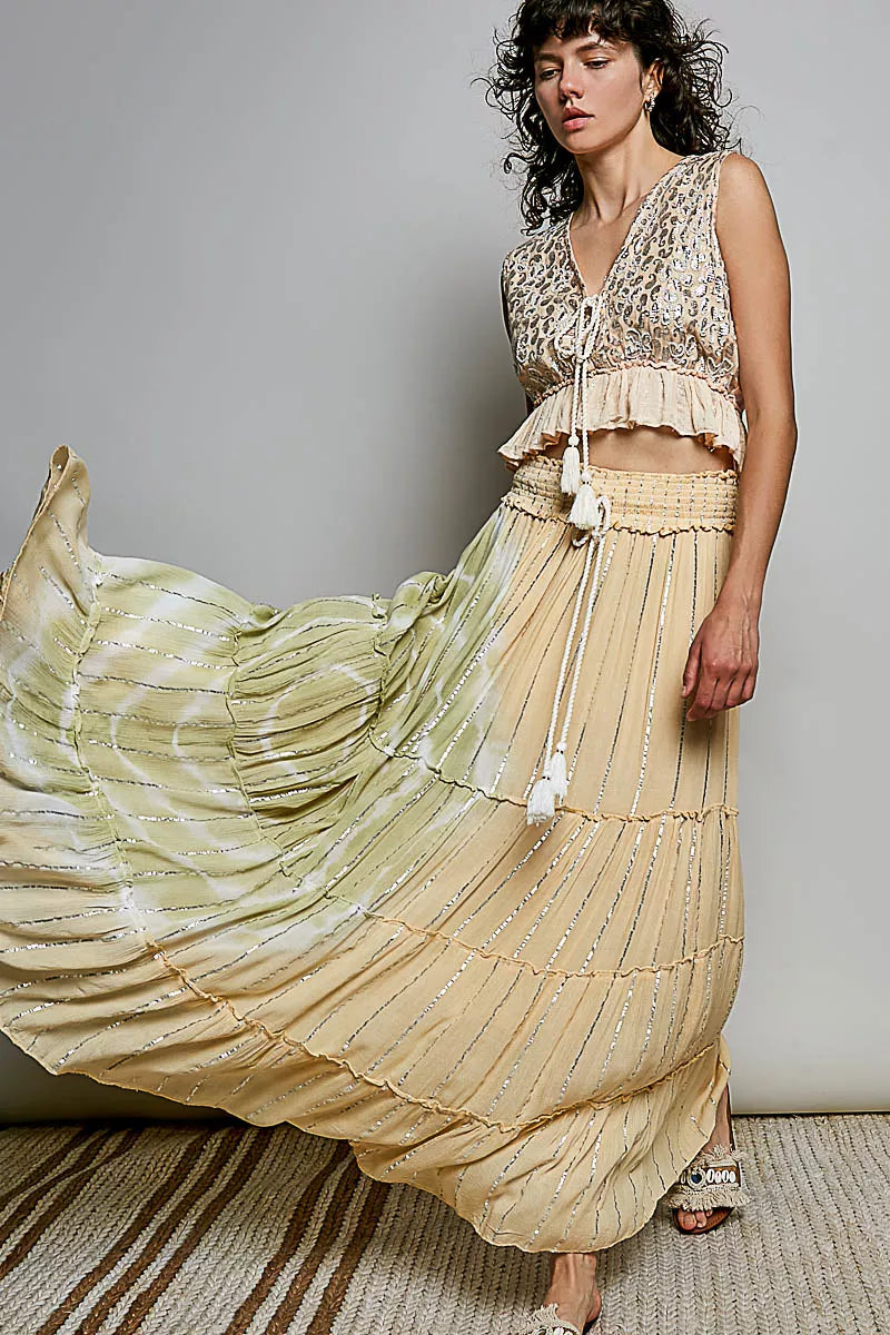 POL Shimmer Tiered Reverse Ruffle Smocked Waist Maxi Skirt