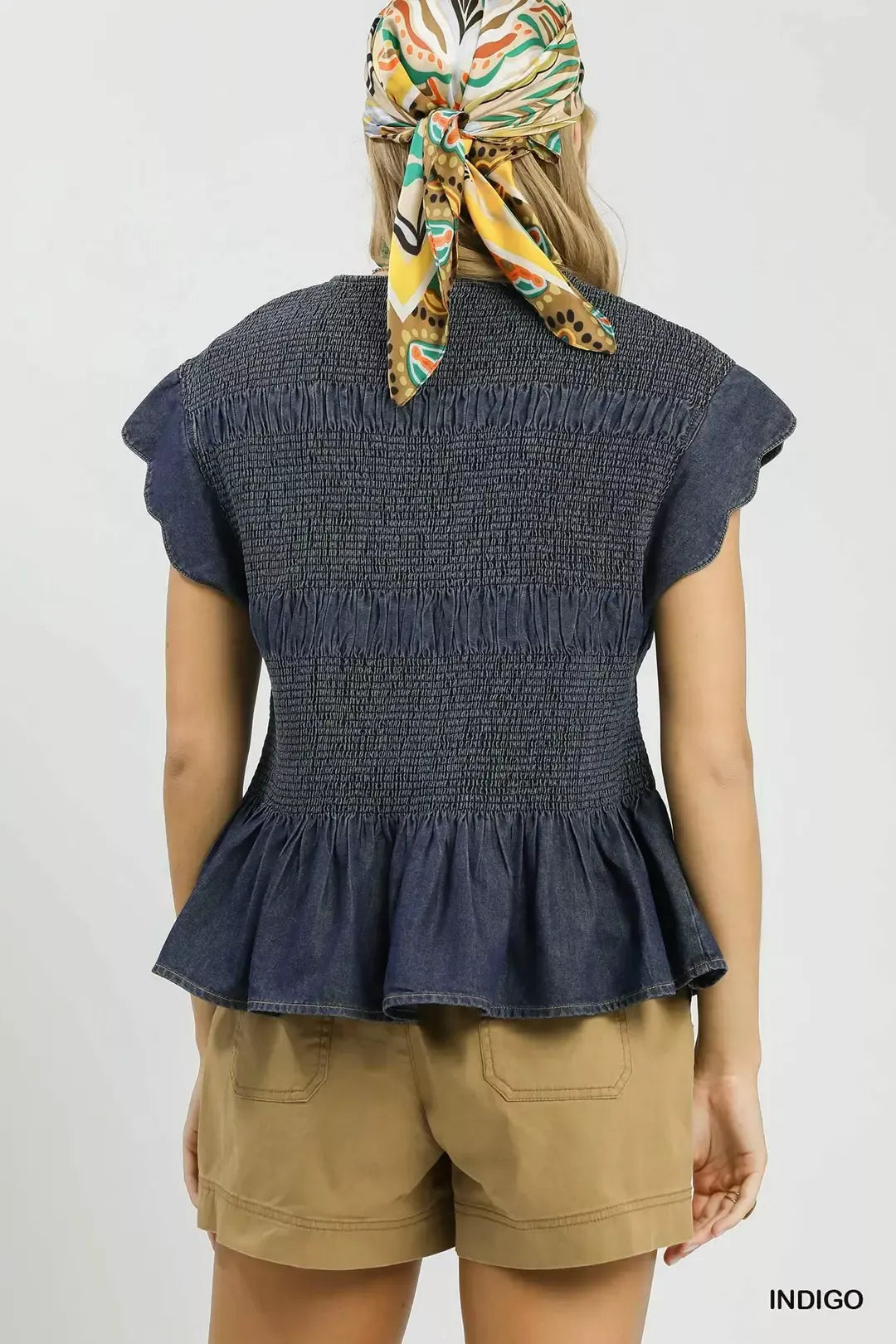 Umgee Smocked Peplum Top with Scalloped Ruffle Cap Sleeves