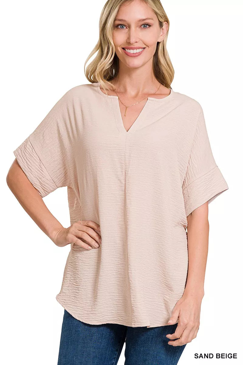 Zenana Woven Airflow Split Neck Short Sleeve Top