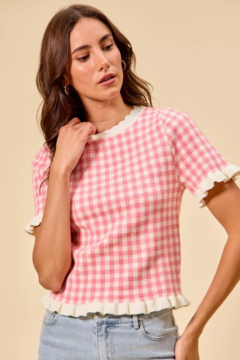 SO ME Gingham Knit Ruffled Short Sleeves Sweater Top