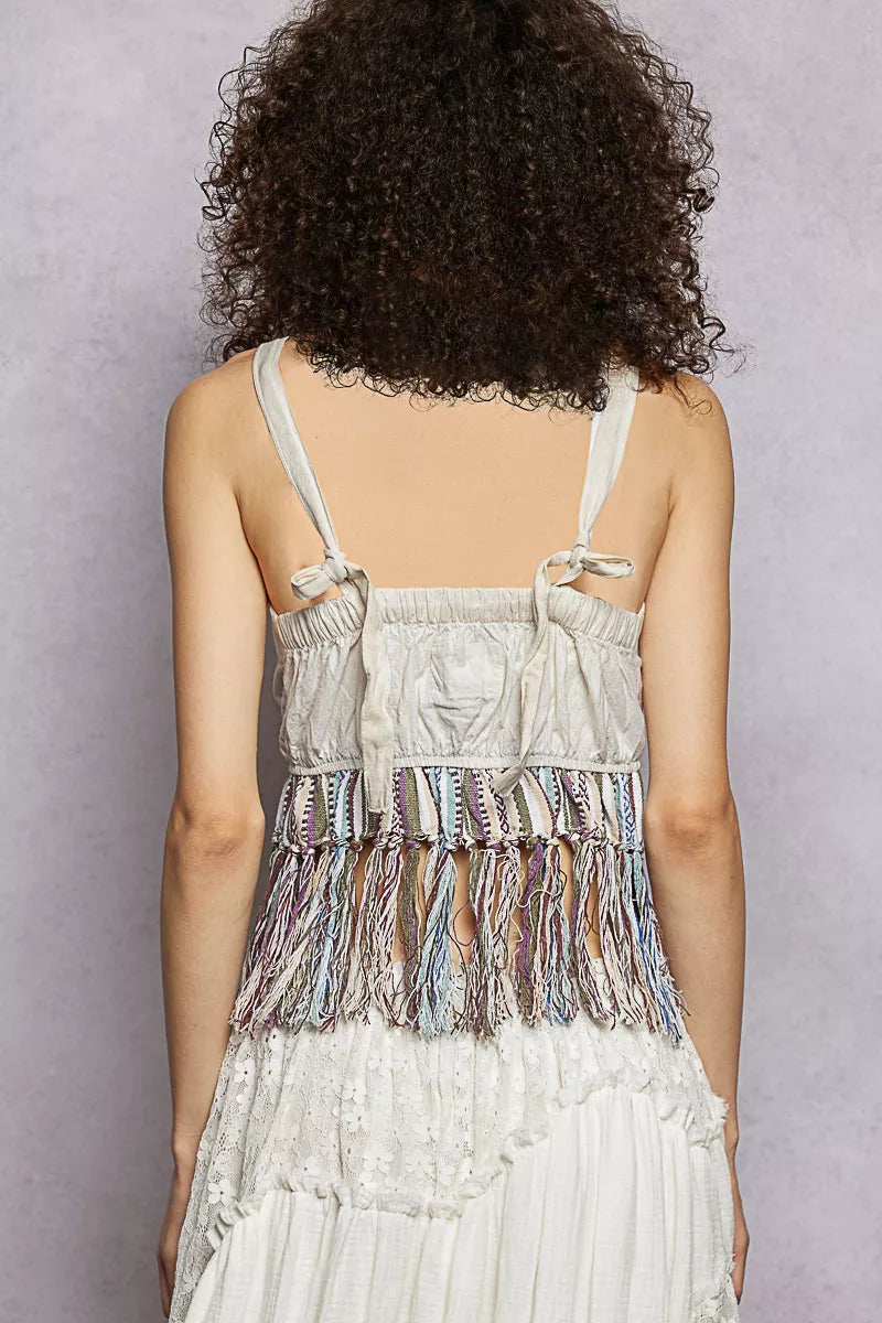 POL Lace-Up Fringe Hem Tank with Lace Detail