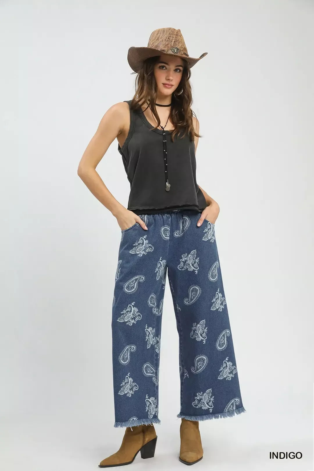 Umgee Denim Paisley Wide-Leg Pants