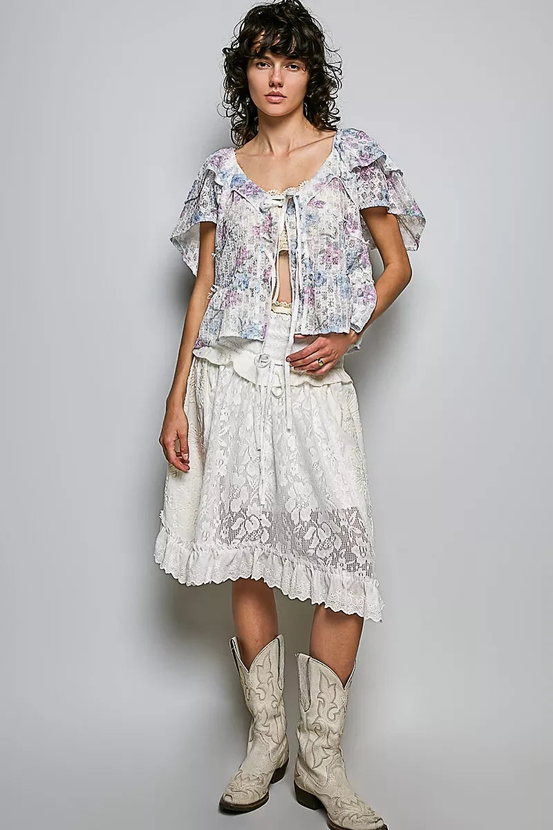 POL Lace Detail Floral Tie Front Ruffle Short Sleeve Blouse