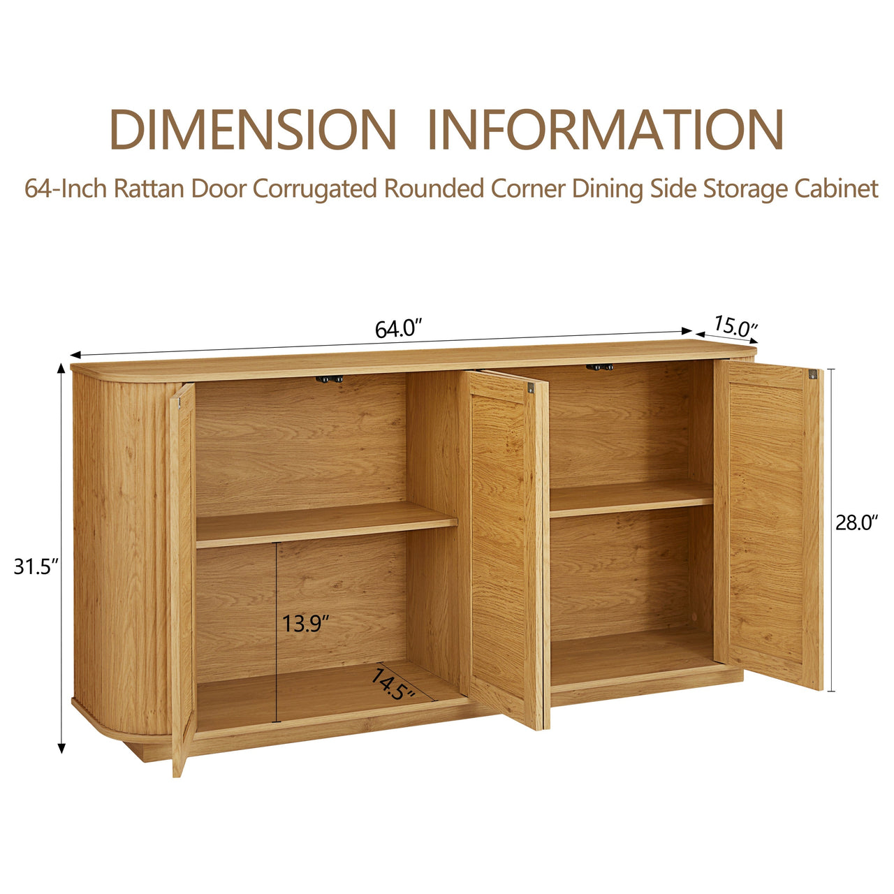 Contemporary Wave Shaped 64-Inch TV Stand with Rattan Doors in Natural Wood Finish