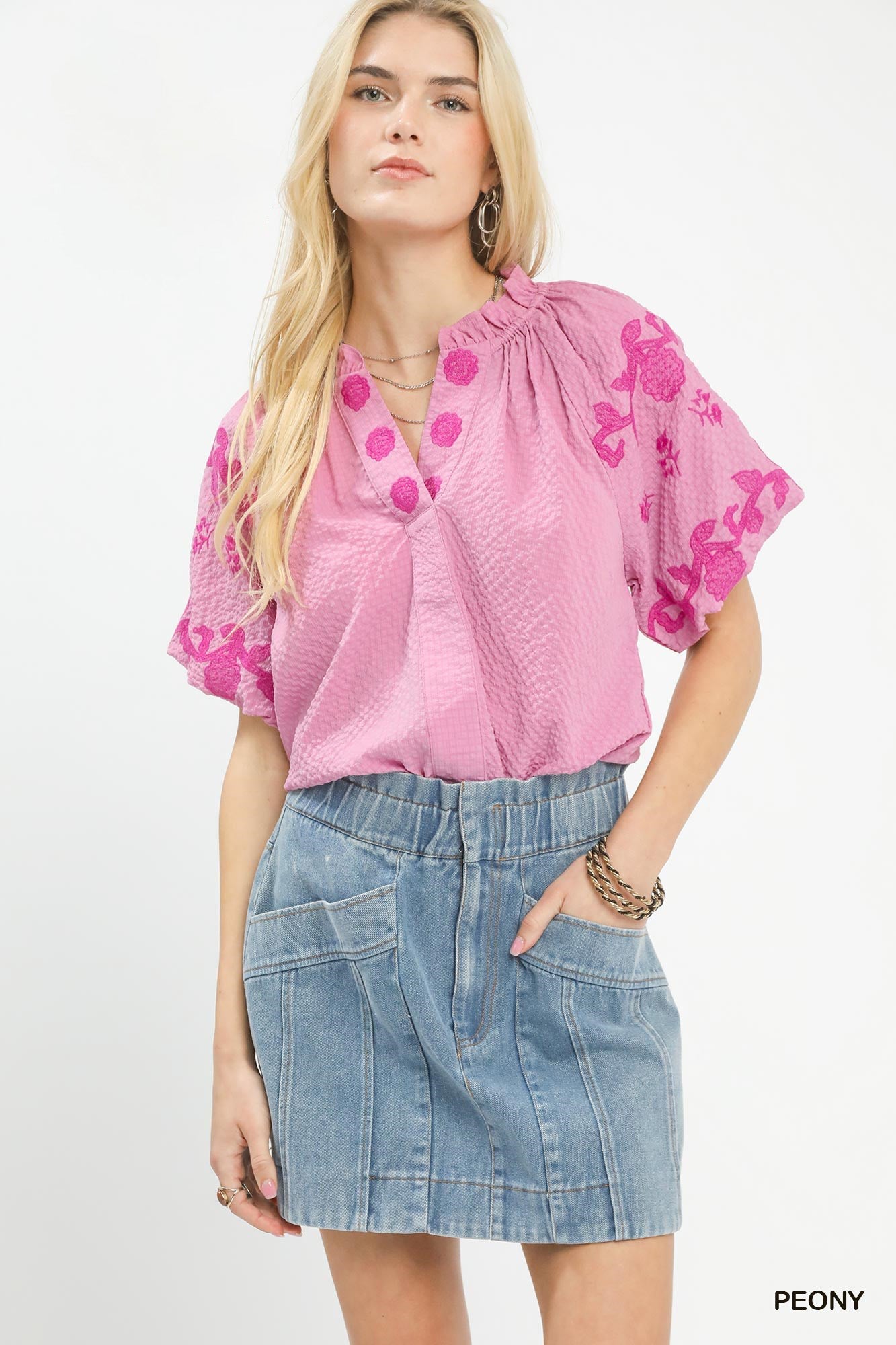 Umgee Embroidered Textured Flutter Sleeve Top