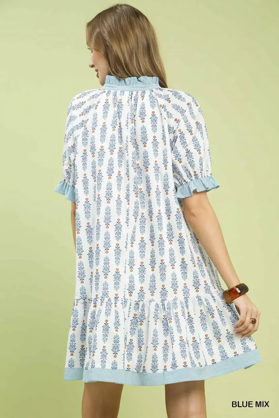 Umgee Striped Trim Floral Tiered Mini Dress