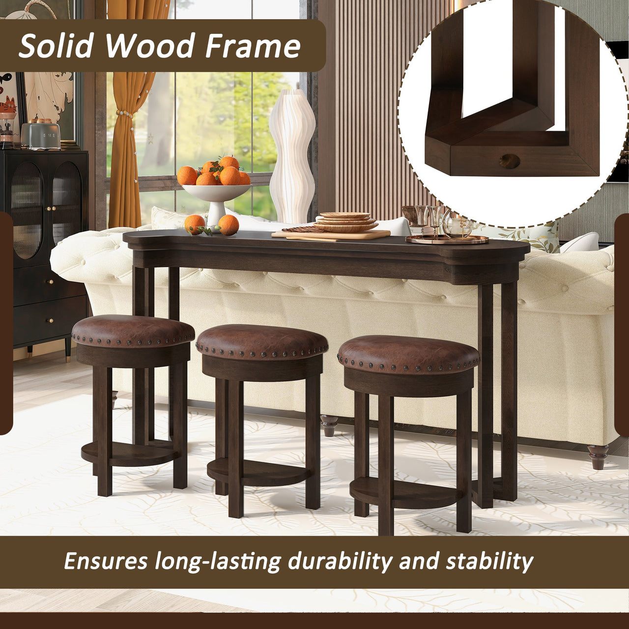 4 Piece Bar Table Set with3 PU Upholstered Bar Stools, Breakfast Table with 3 Padded Stools Solid Wood Counter Height Dining Table Set for Living Room, Dining Room.  Espresso