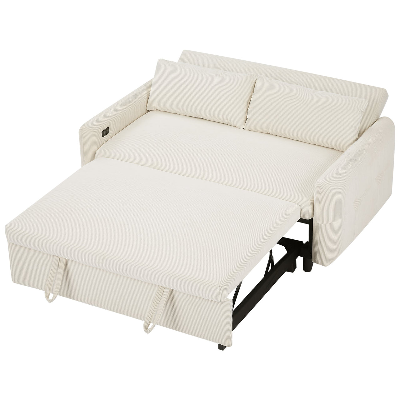 Modern Convertible Pull-out Sofa Bed with USB Ports and Pillows, Beige Corduroy, 57.48 inches