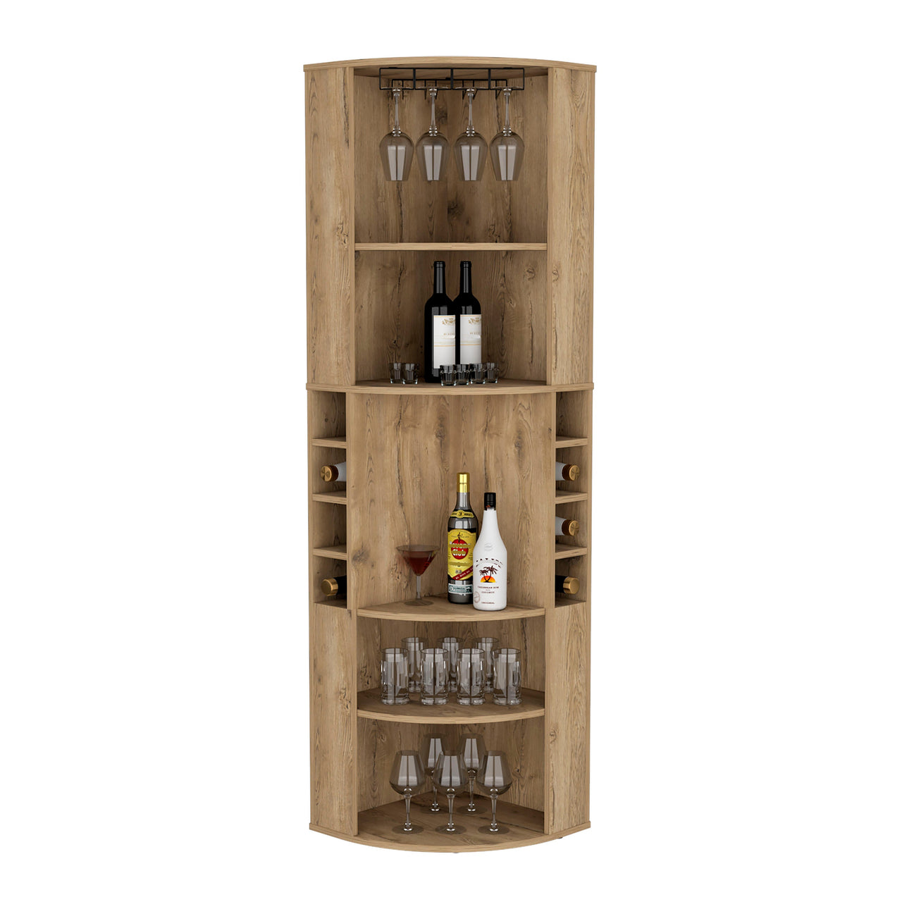 Corner Bar Cabinet 71'H with Five Shelves, Eight Bottle Cubbies and Stemware,Macadamia