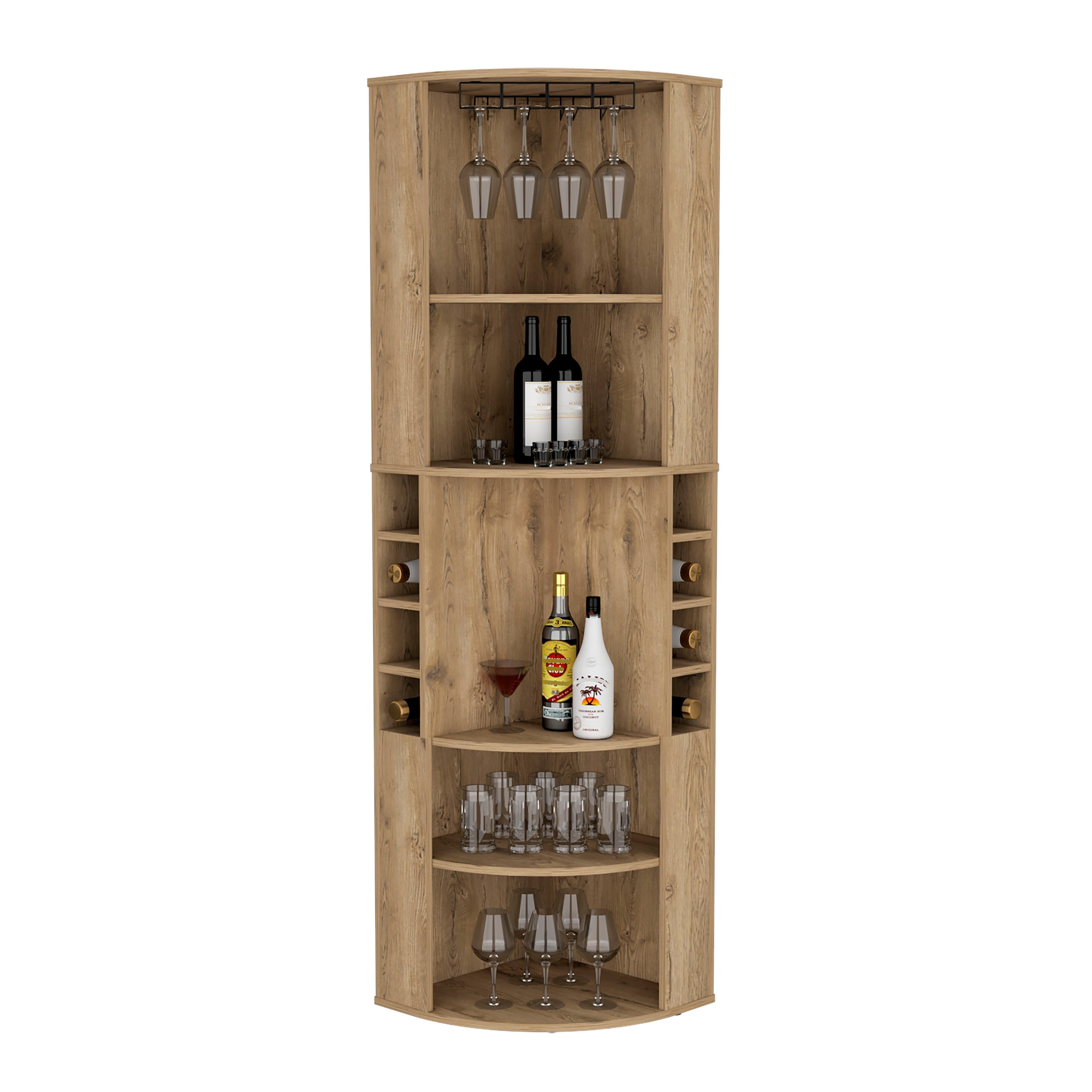 Corner Bar Cabinet 71'H with Five Shelves, Eight Bottle Cubbies and Stemware,Macadamia