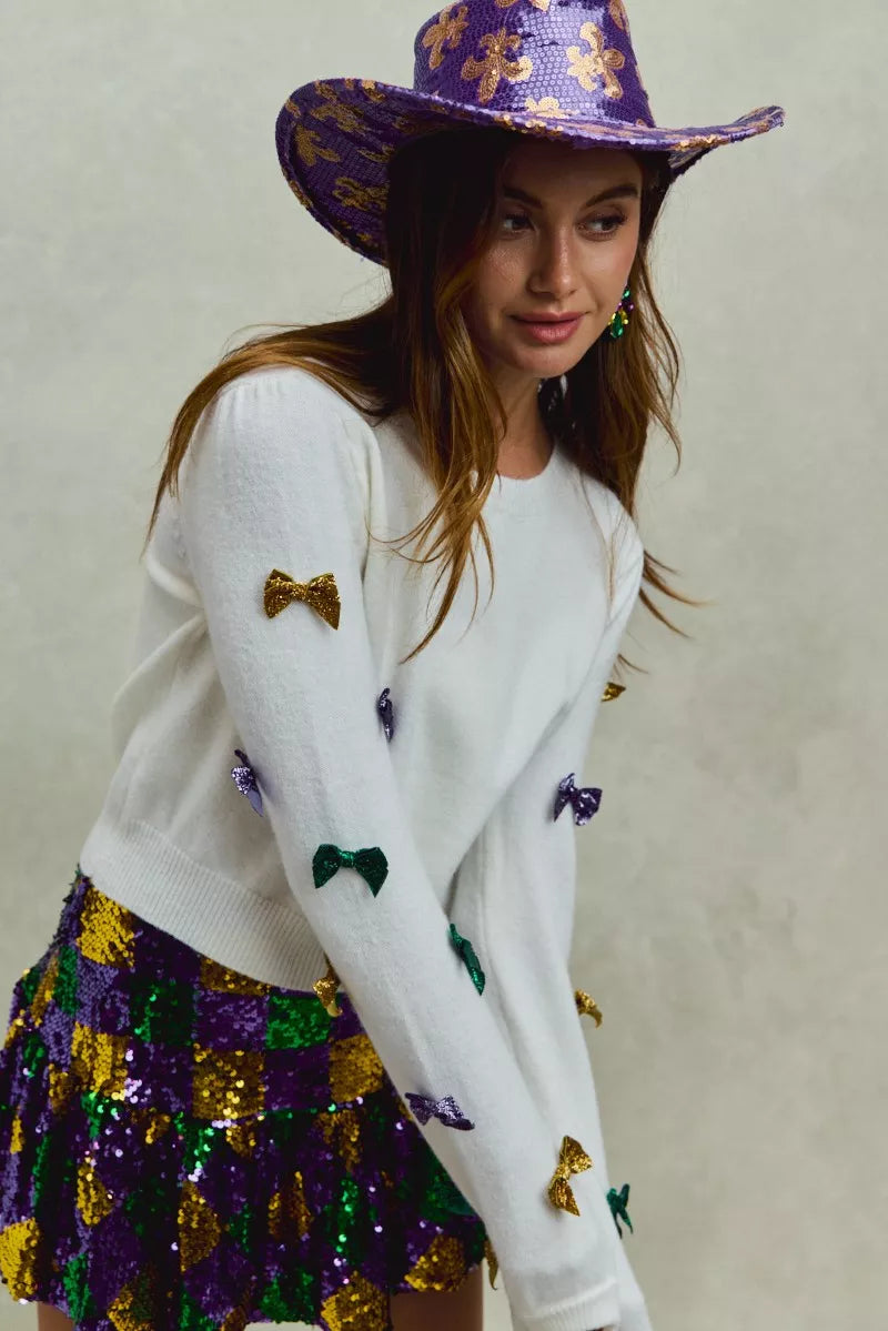 SO ME Mardi Gras Glitter Bow Ribbon Sweater Knit Top
