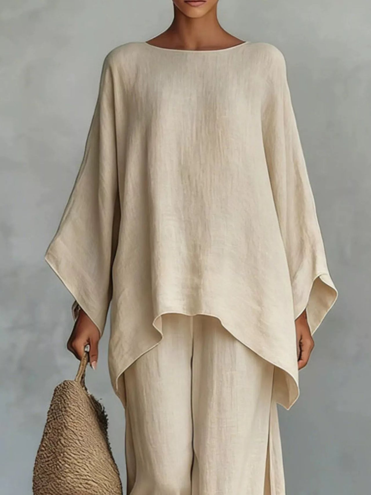 Full Size Round Neck Top and Wide Leg Pants Set Plus Size