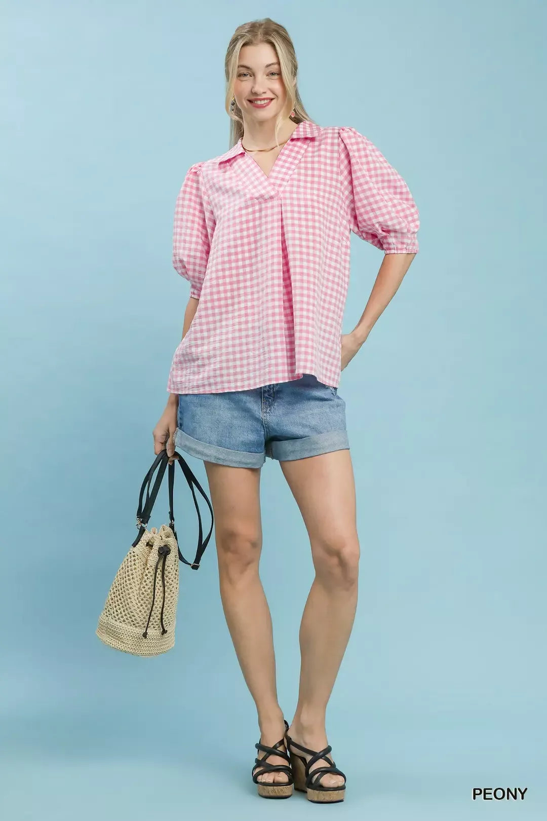 Umgee Gingham Puff Sleeve Collared Blouse